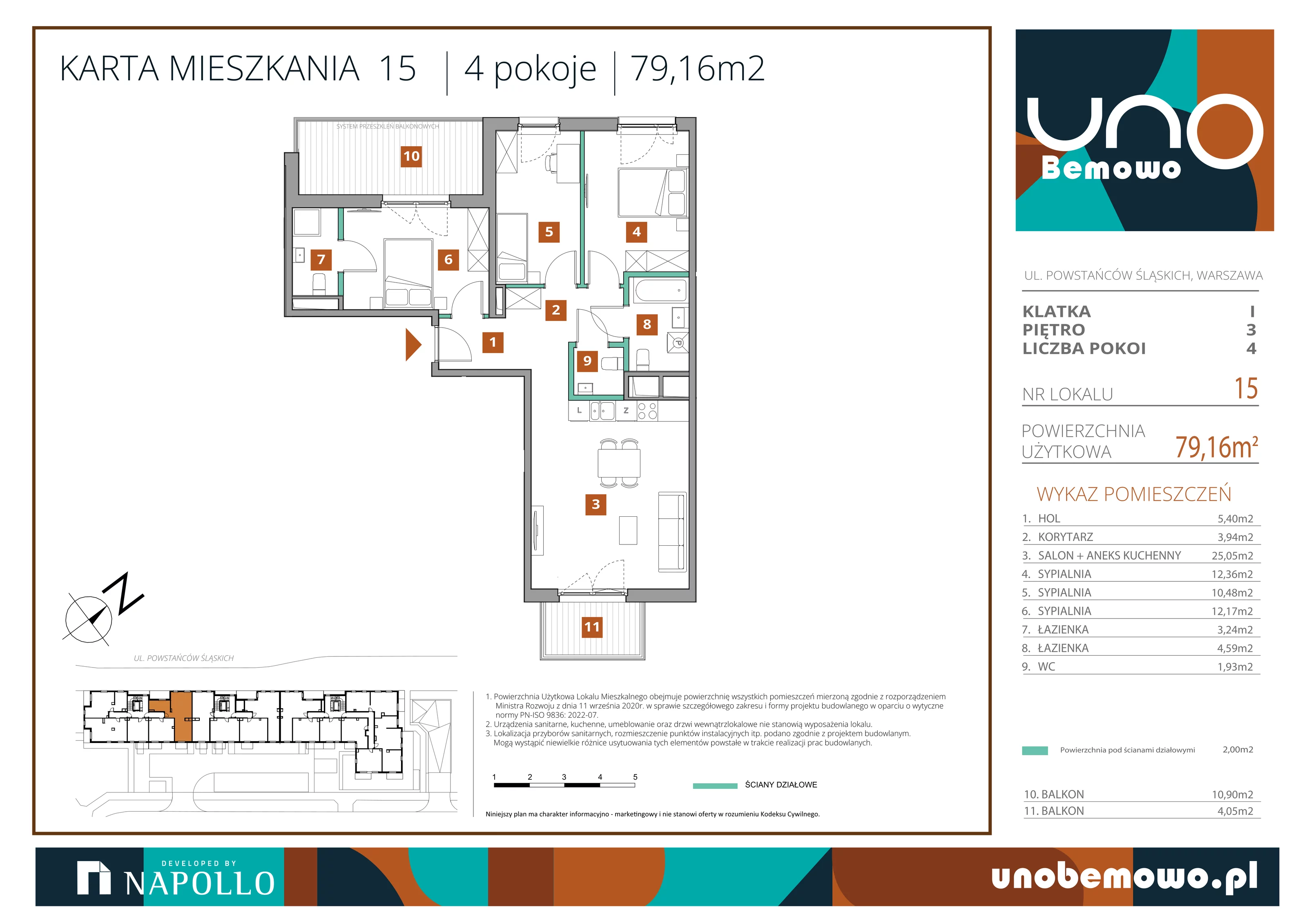4 pokoje, mieszkanie 79,16 m², piętro 3, oferta nr 15, UNO Bemowo, Warszawa, Bemowo, Bemowo-Lotnisko, ul. Powstańców Śląskich