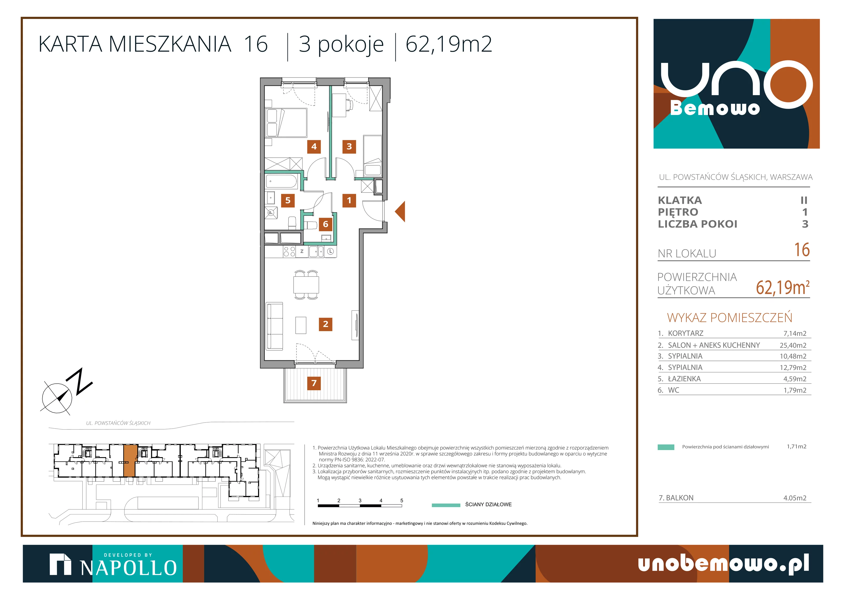3 pokoje, mieszkanie 62,19 m², piętro 1, oferta nr 16, UNO Bemowo, Warszawa, Bemowo, Bemowo-Lotnisko, ul. Powstańców Śląskich