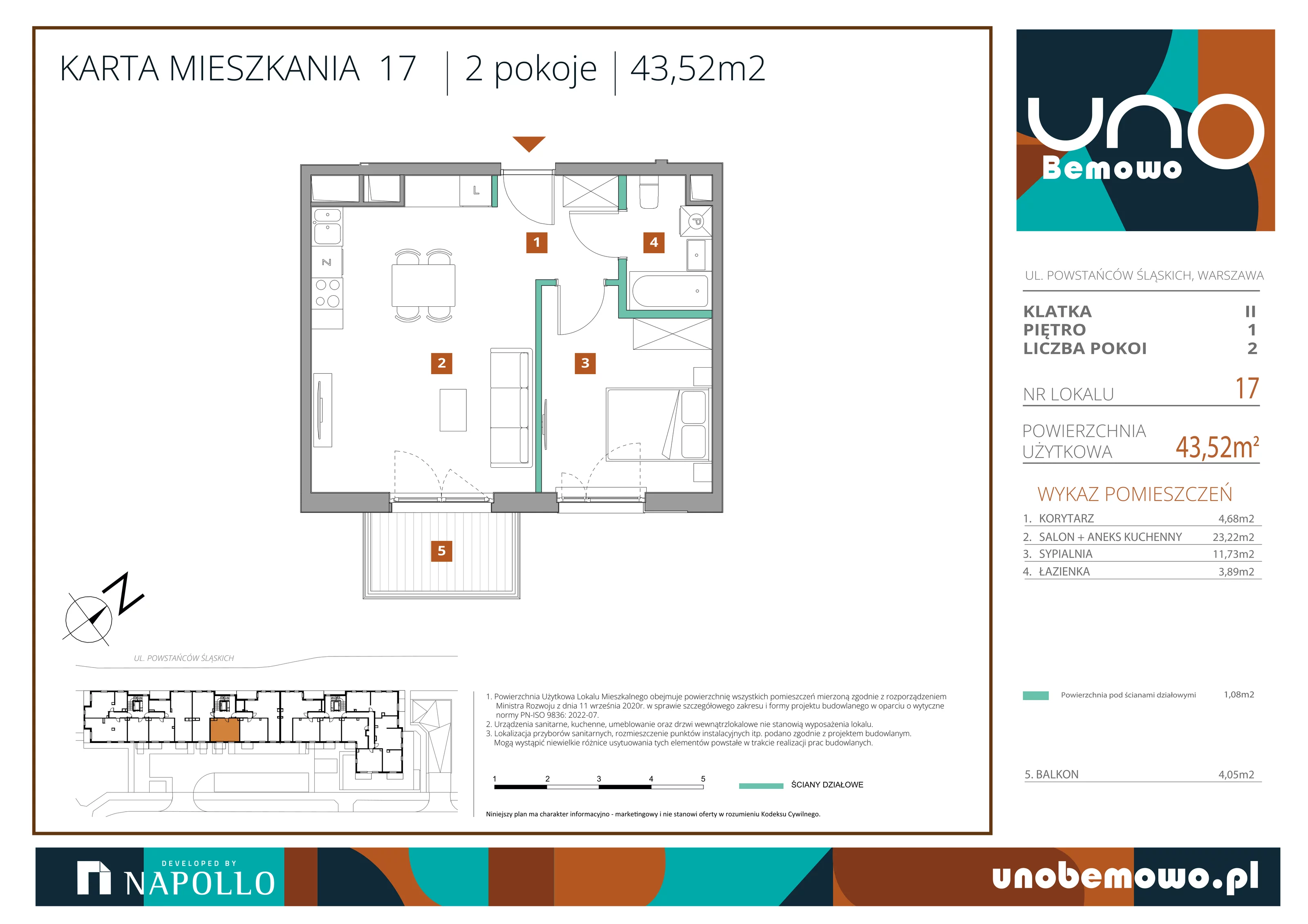 2 pokoje, mieszkanie 43,52 m², piętro 1, oferta nr 17, UNO Bemowo, Warszawa, Bemowo, Bemowo-Lotnisko, ul. Powstańców Śląskich