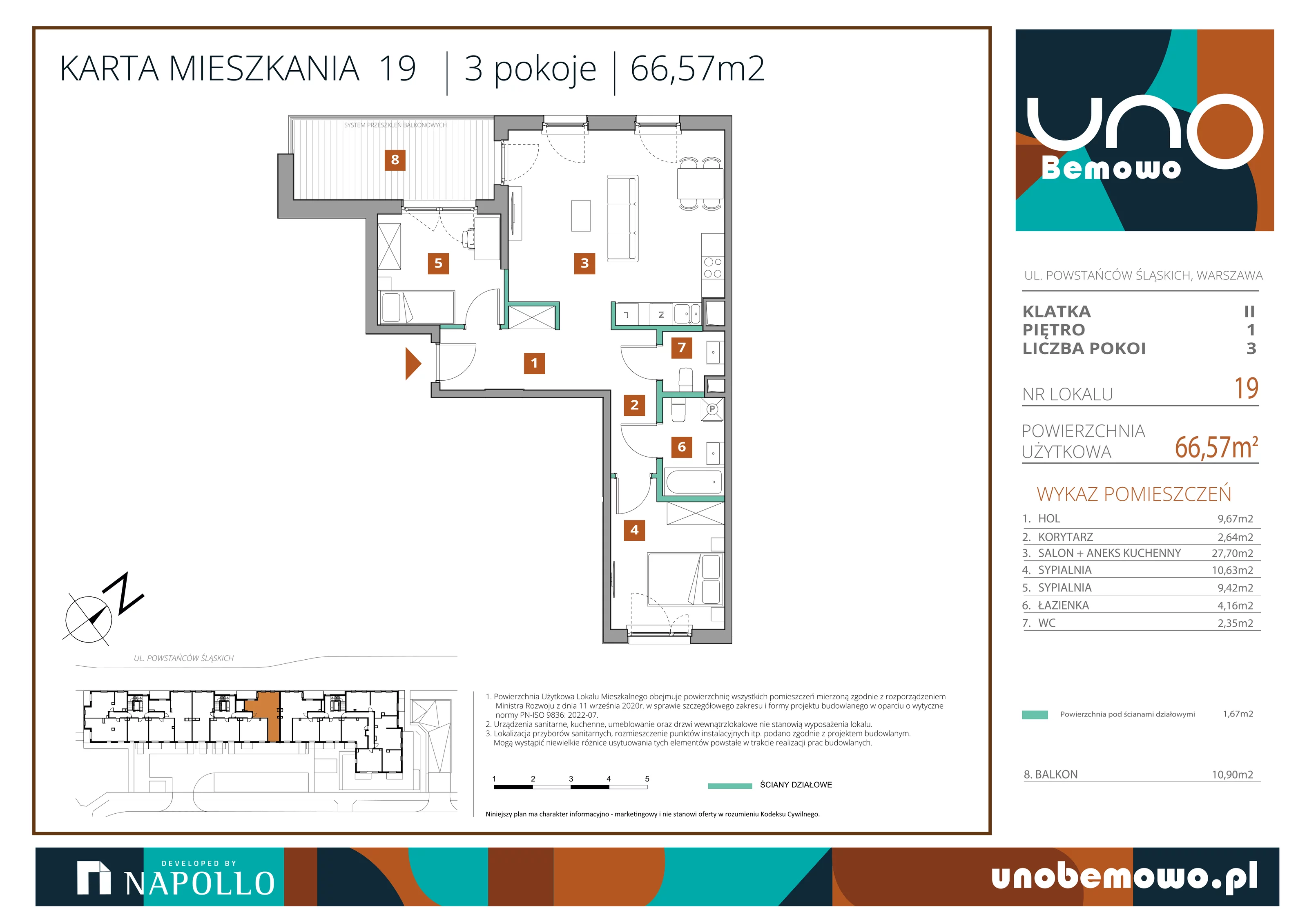 3 pokoje, mieszkanie 66,57 m², piętro 1, oferta nr 19, UNO Bemowo, Warszawa, Bemowo, Bemowo-Lotnisko, ul. Powstańców Śląskich