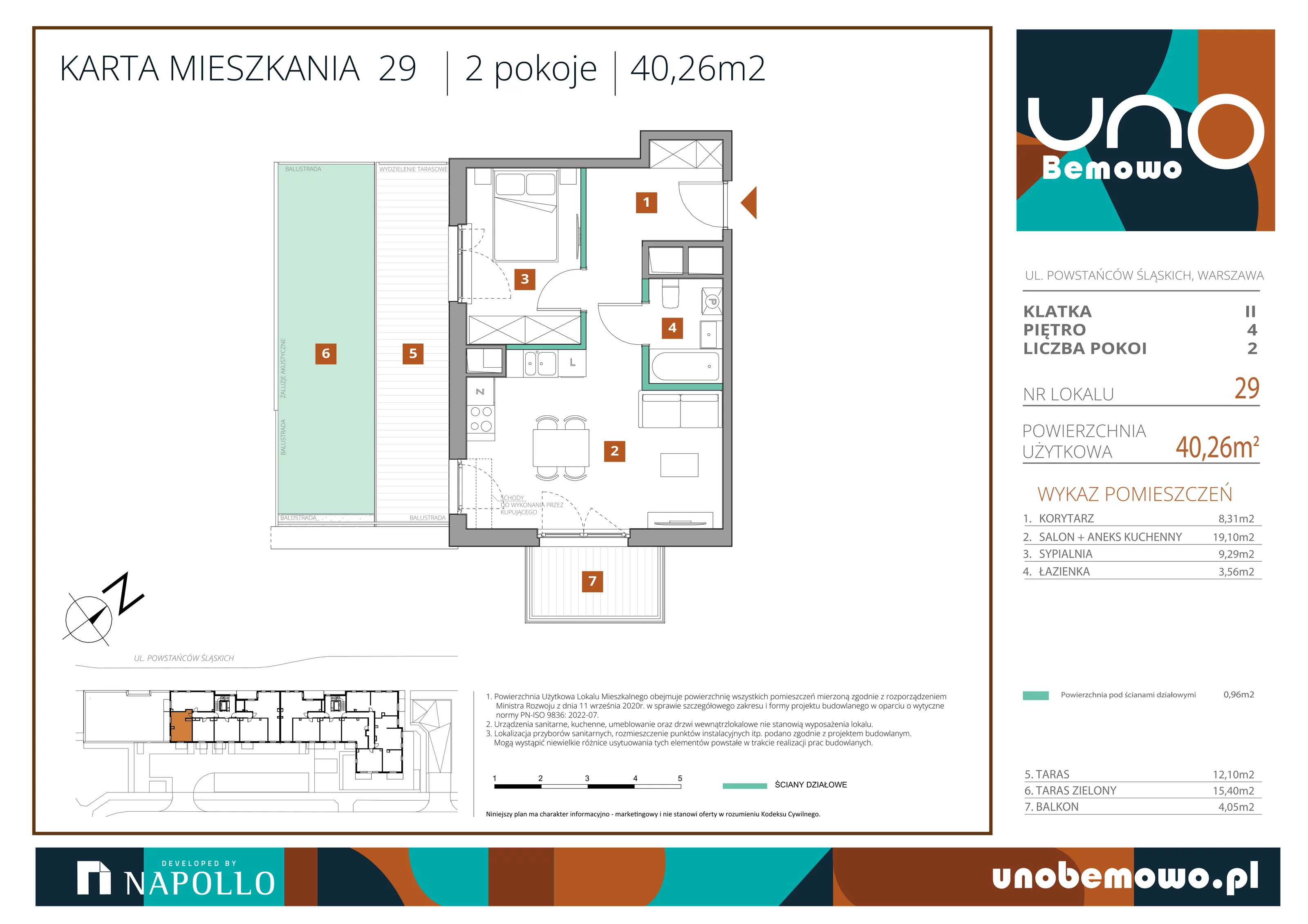 2 pokoje, mieszkanie 40,26 m², piętro 4, oferta nr 29, UNO Bemowo, Warszawa, Bemowo, Bemowo-Lotnisko, ul. Powstańców Śląskich
