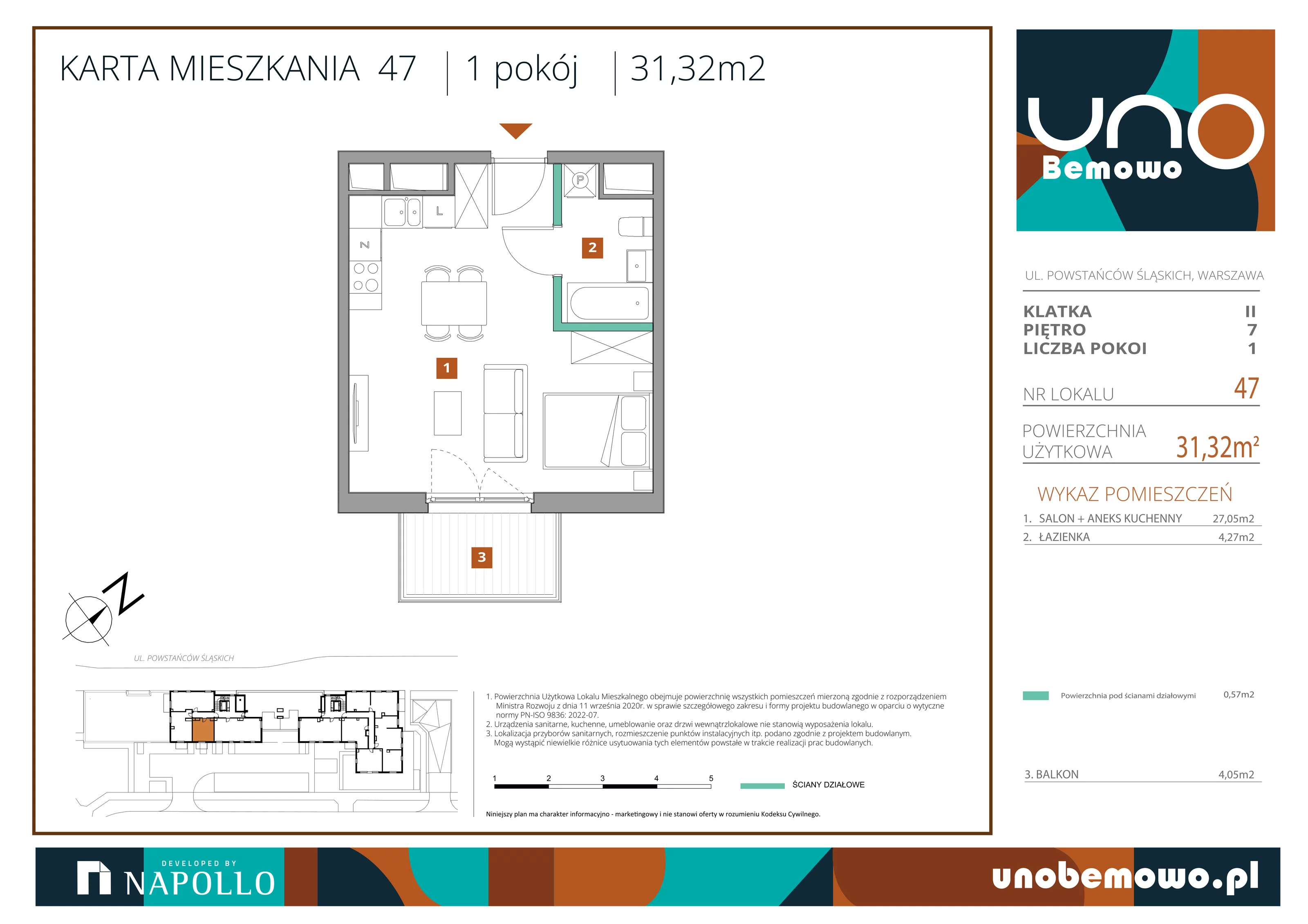 1 pokój, mieszkanie 31,32 m², piętro 7, oferta nr 47, UNO Bemowo, Warszawa, Bemowo, Bemowo-Lotnisko, ul. Powstańców Śląskich