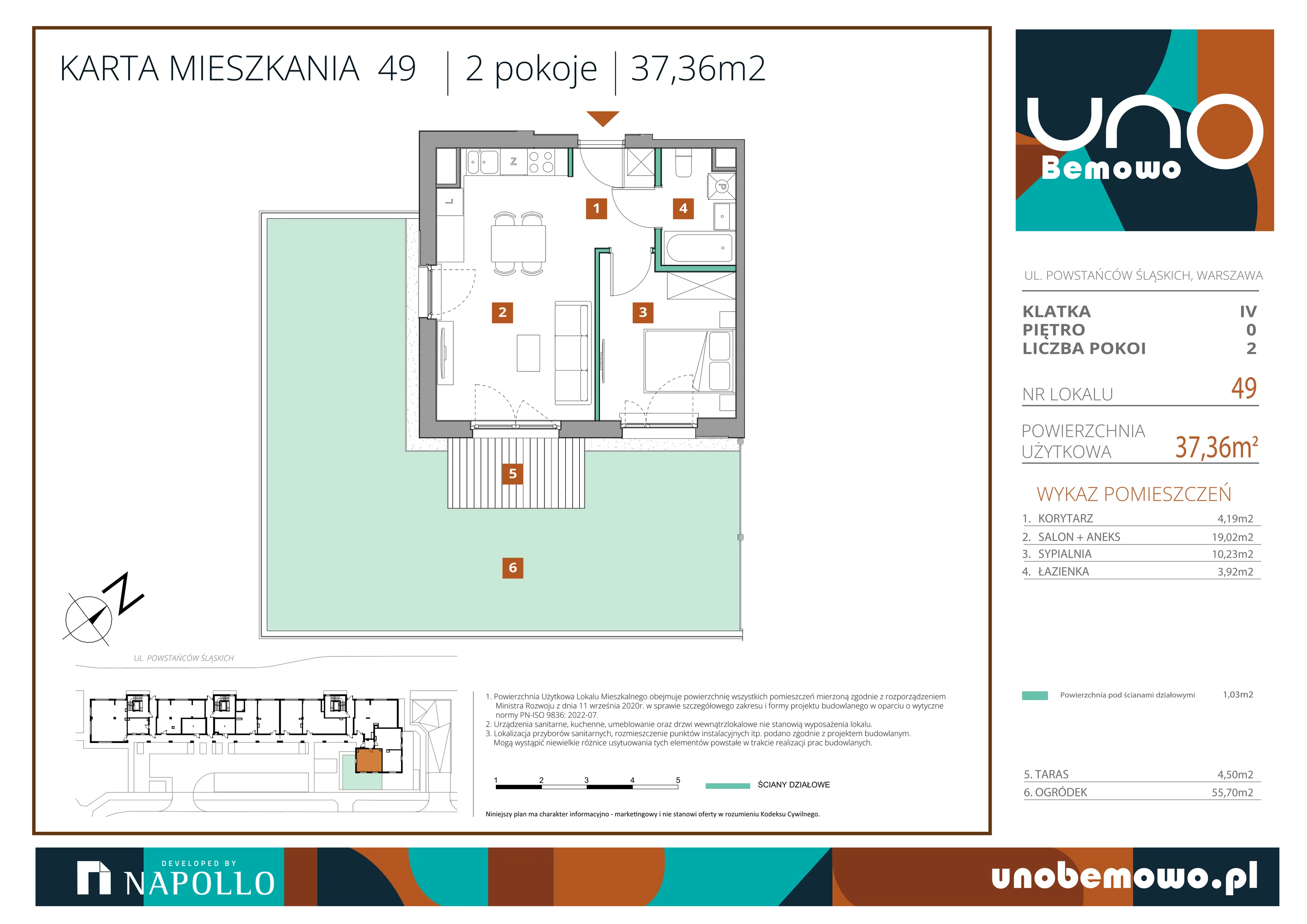 2 pokoje, mieszkanie 37,36 m², parter, oferta nr 49, UNO Bemowo, Warszawa, Bemowo, Bemowo-Lotnisko, ul. Powstańców Śląskich