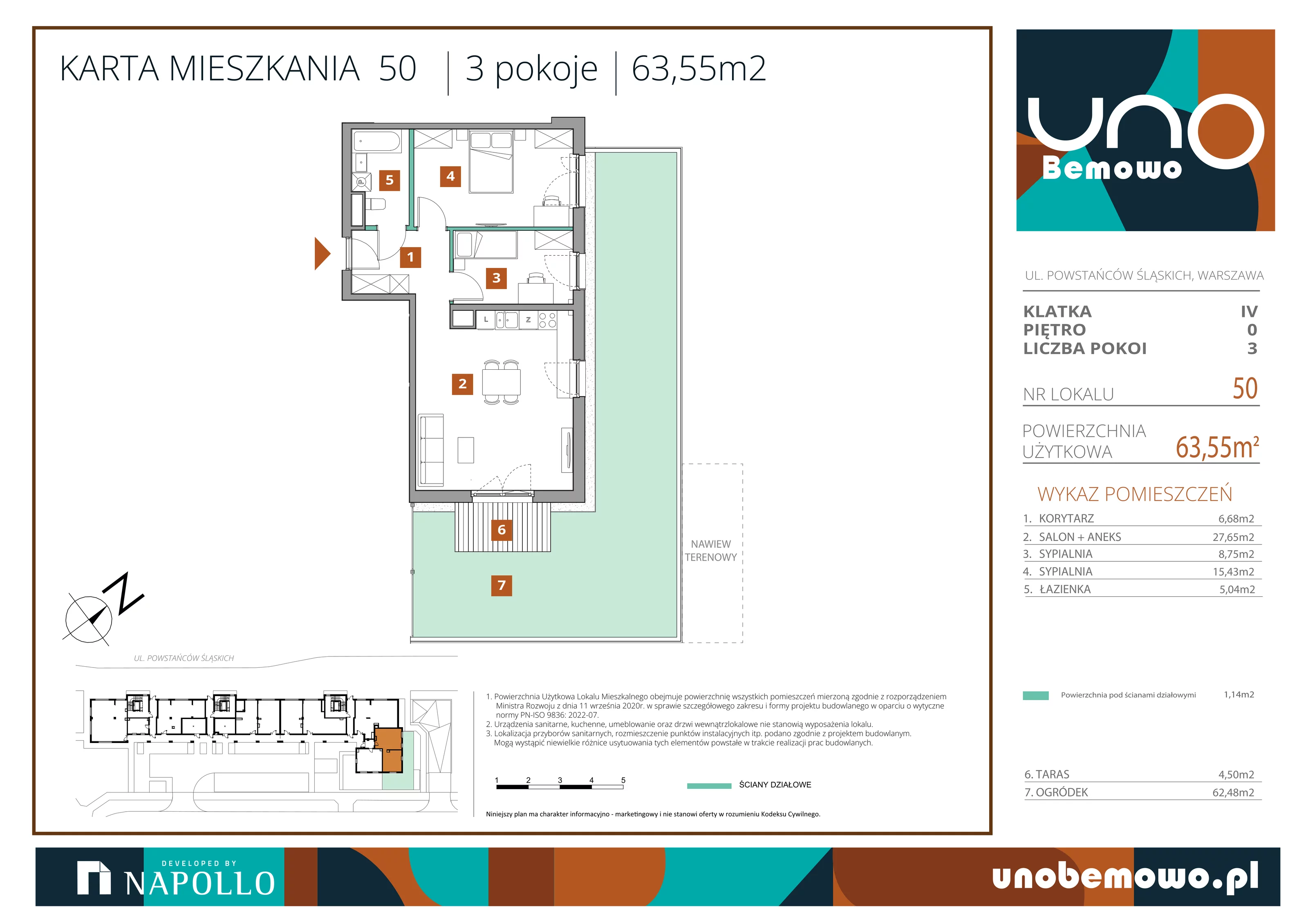 3 pokoje, mieszkanie 63,55 m², parter, oferta nr 50, UNO Bemowo, Warszawa, Bemowo, Bemowo-Lotnisko, ul. Powstańców Śląskich