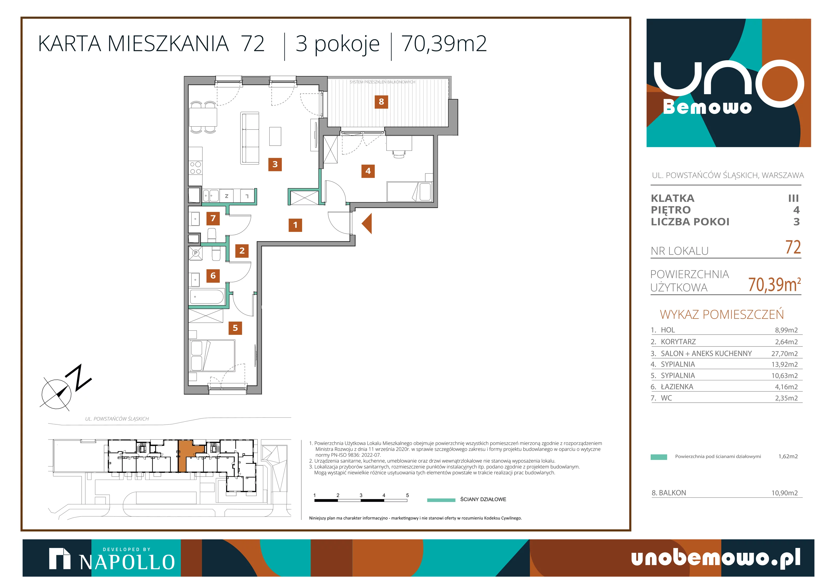 3 pokoje, mieszkanie 70,39 m², piętro 4, oferta nr 72, UNO Bemowo, Warszawa, Bemowo, Bemowo-Lotnisko, ul. Powstańców Śląskich