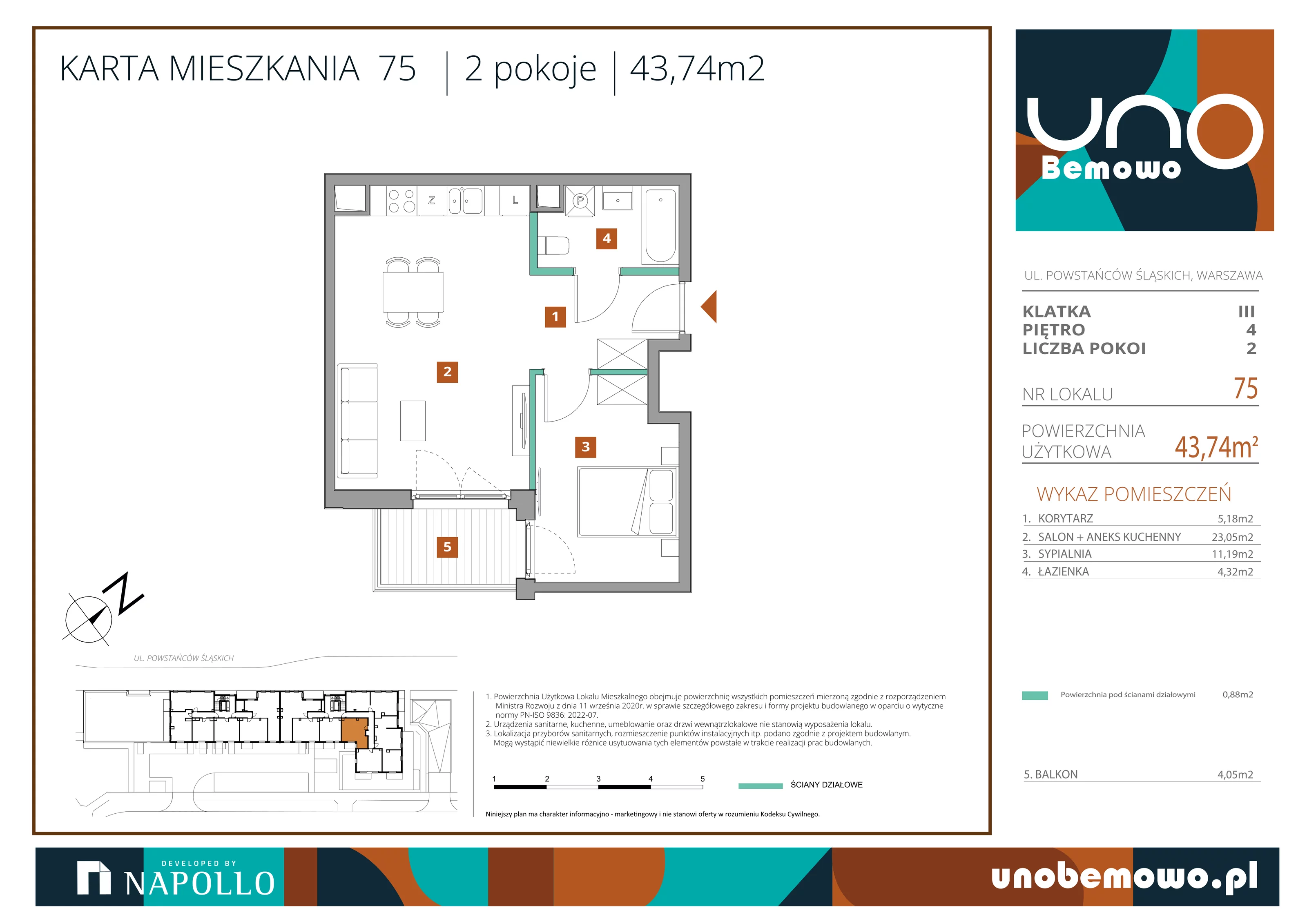 2 pokoje, mieszkanie 43,74 m², piętro 4, oferta nr 75, UNO Bemowo, Warszawa, Bemowo, Bemowo-Lotnisko, ul. Powstańców Śląskich
