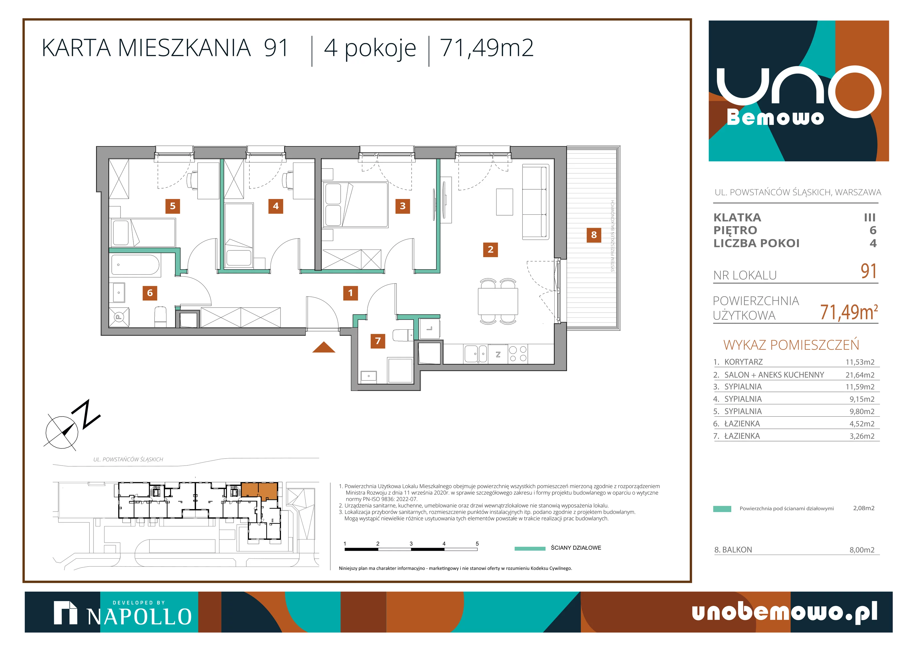 4 pokoje, mieszkanie 71,49 m², piętro 6, oferta nr 91, UNO Bemowo, Warszawa, Bemowo, Bemowo-Lotnisko, ul. Powstańców Śląskich