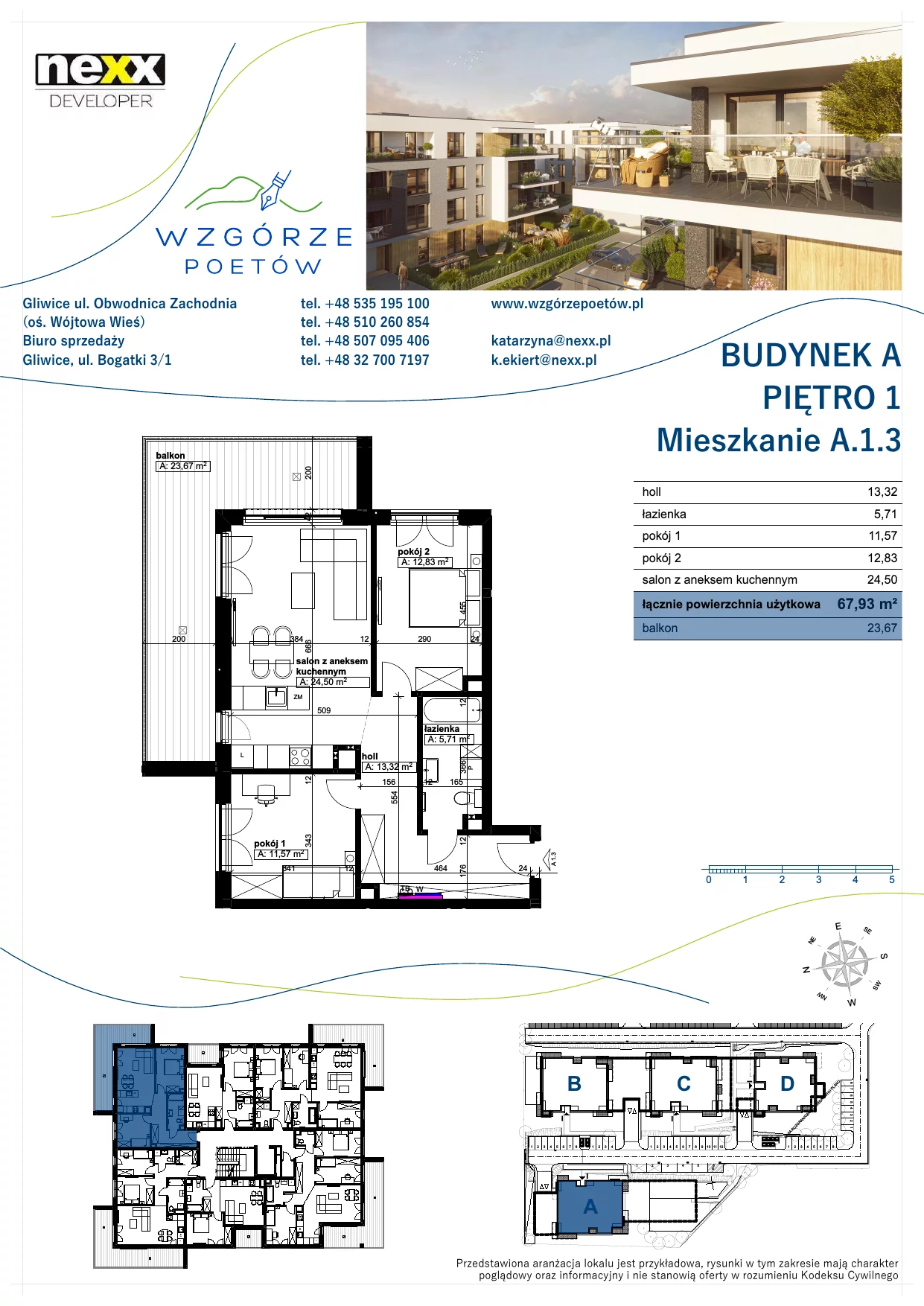 Mieszkanie 67,93 m², piętro 1, oferta nr A.1.3, Wzgórze Poetów, Gliwice, Wójtowa Wieś, ul. T. Mazowieckiego