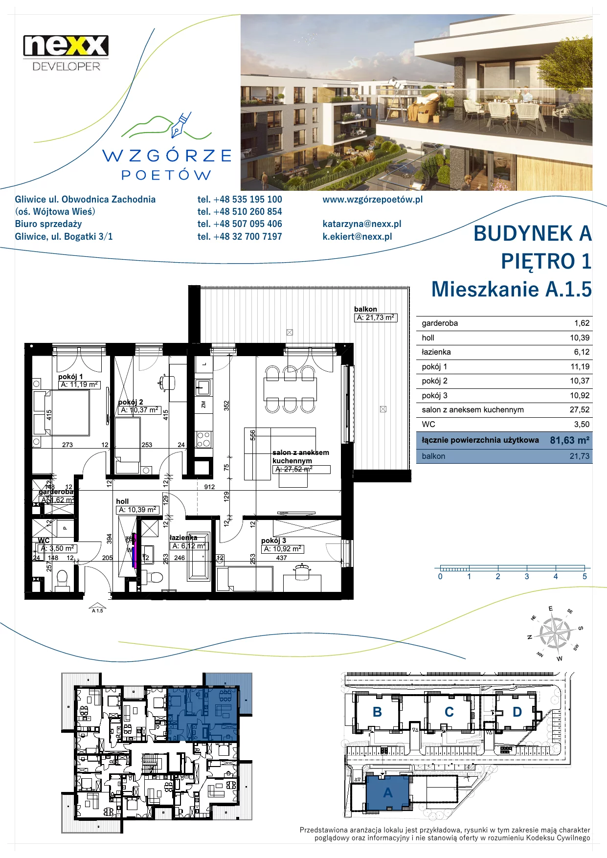 Mieszkanie 81,63 m², piętro 1, oferta nr A.1.5, Wzgórze Poetów, Gliwice, Wójtowa Wieś, ul. T. Mazowieckiego