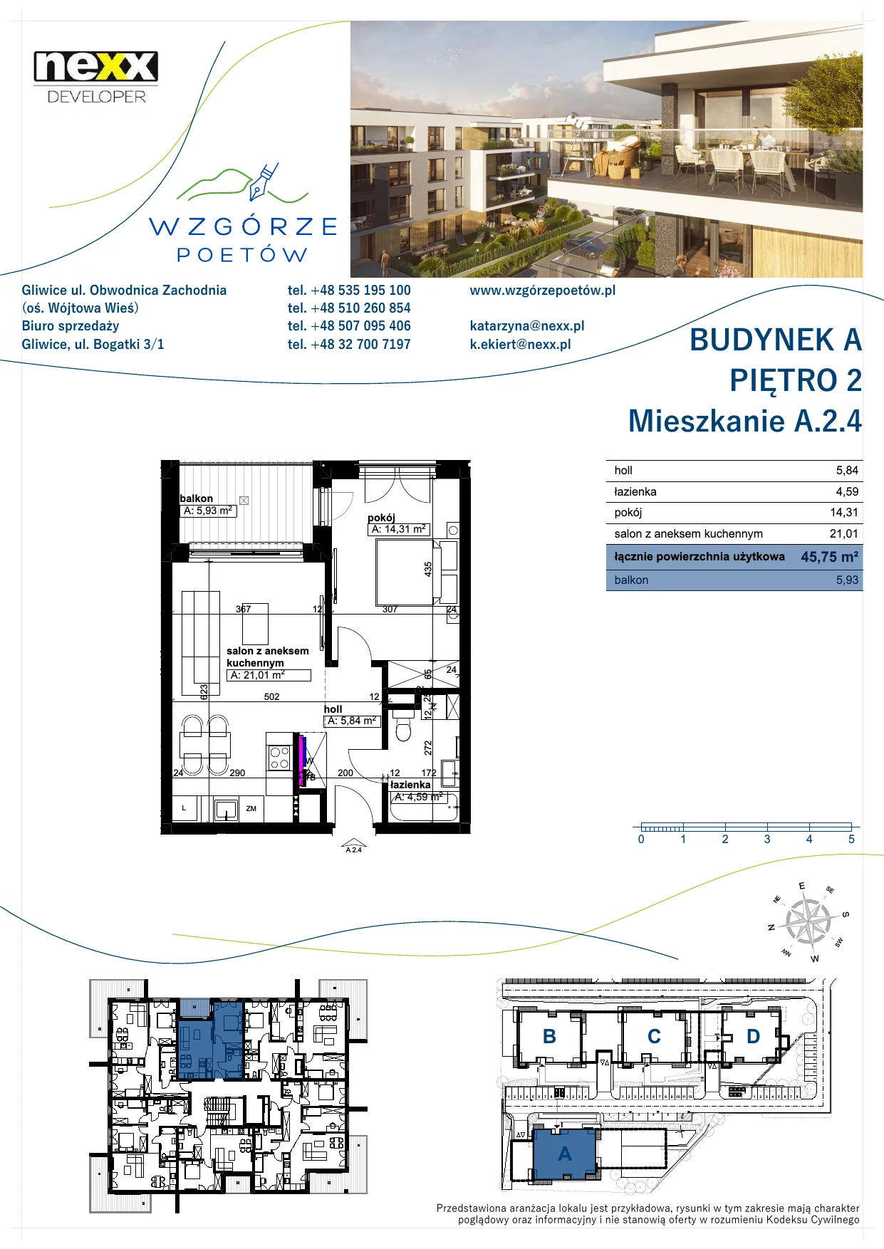 Mieszkanie 45,75 m², piętro 2, oferta nr A.2.4, Wzgórze Poetów, Gliwice, Wójtowa Wieś, ul. T. Mazowieckiego