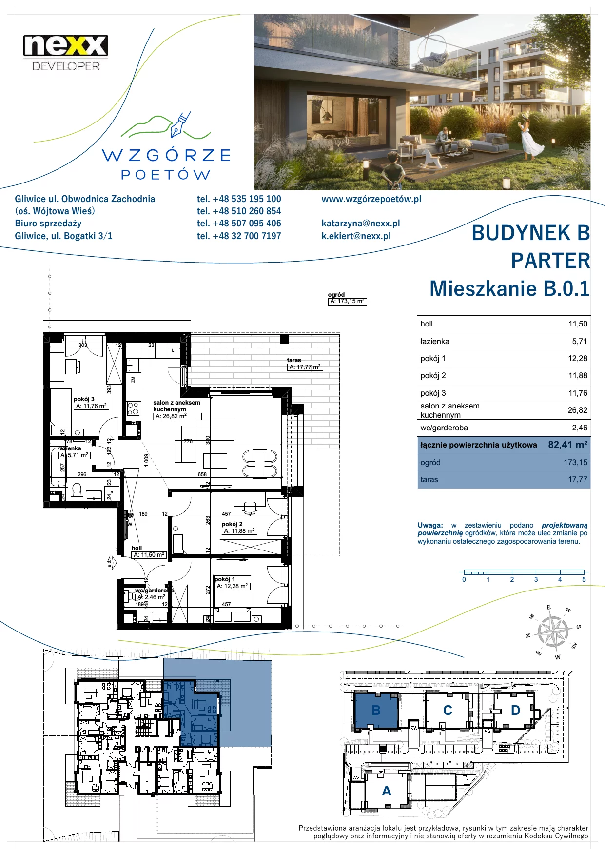 Mieszkanie 82,41 m², parter, oferta nr B.0.1, Wzgórze Poetów, Gliwice, Wójtowa Wieś, ul. T. Mazowieckiego