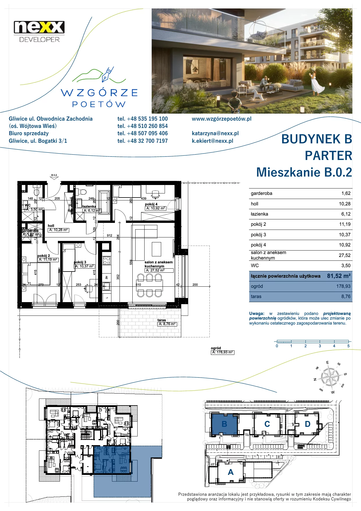 Mieszkanie 81,52 m², parter, oferta nr B.0.2, Wzgórze Poetów, Gliwice, Wójtowa Wieś, ul. T. Mazowieckiego