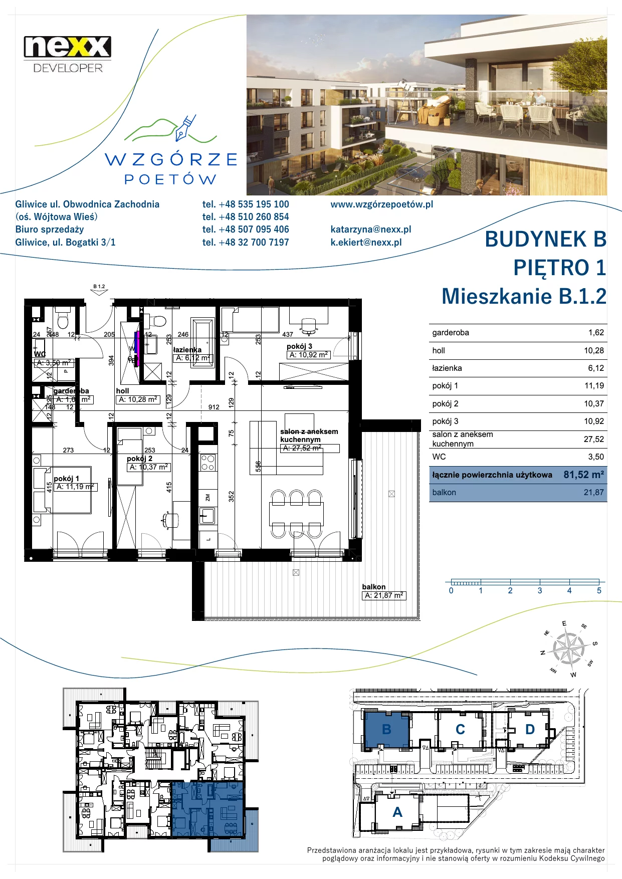 Mieszkanie 81,52 m², piętro 1, oferta nr B.1.2, Wzgórze Poetów, Gliwice, Wójtowa Wieś, ul. T. Mazowieckiego