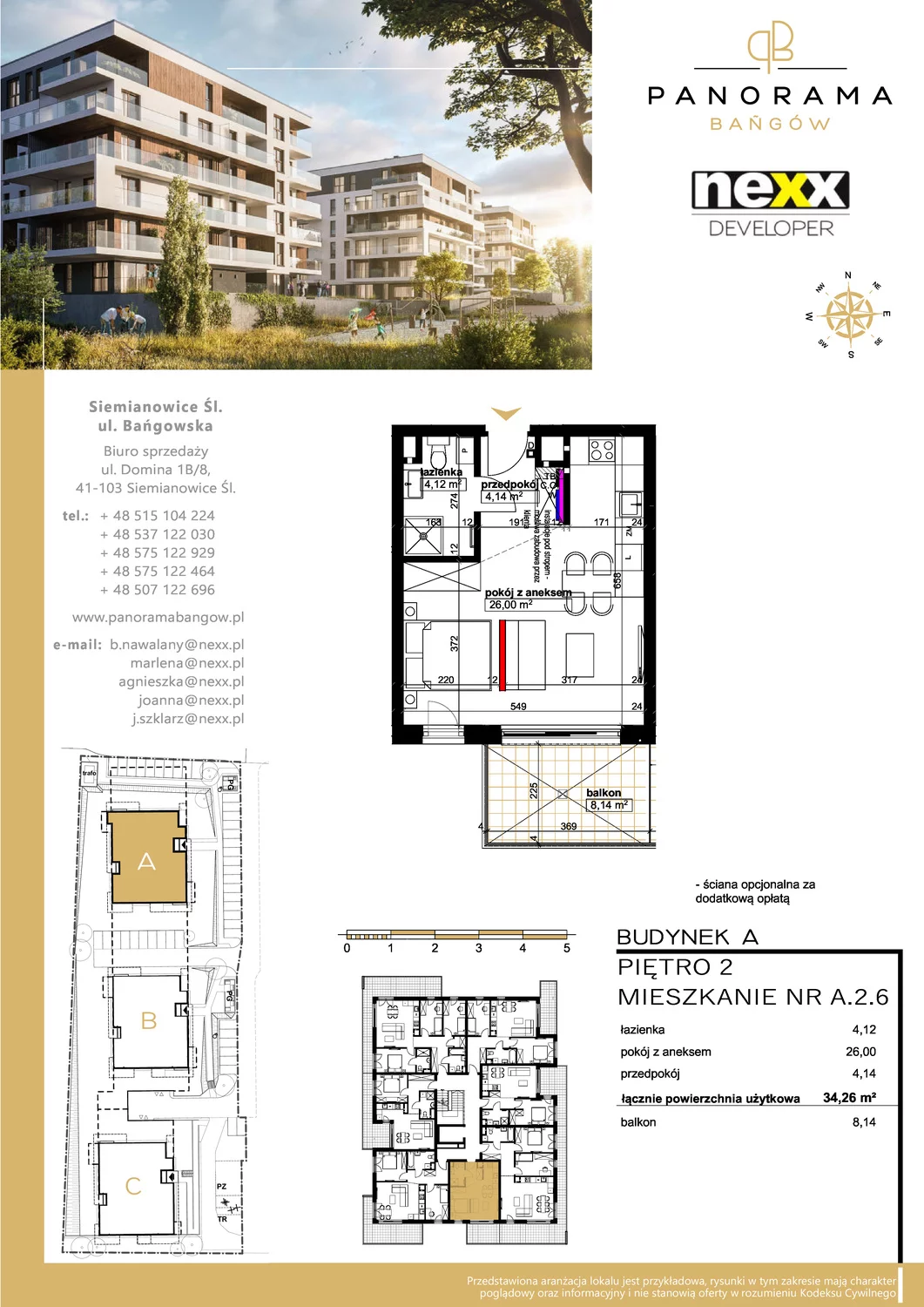 Mieszkanie 34,26 m², piętro 2, oferta nr A 2.6, Panorama Bańgów, Siemianowice Śląskie, Bańgów, ul. Bańgowska