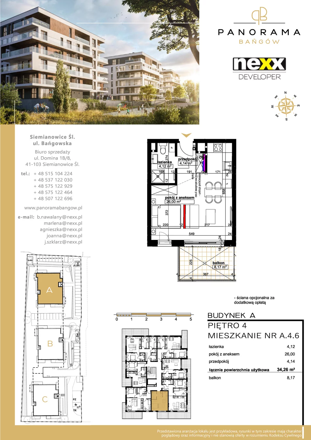 Mieszkanie 34,26 m², piętro 4, oferta nr A 4.6, Panorama Bańgów, Siemianowice Śląskie, Bańgów, ul. Bańgowska