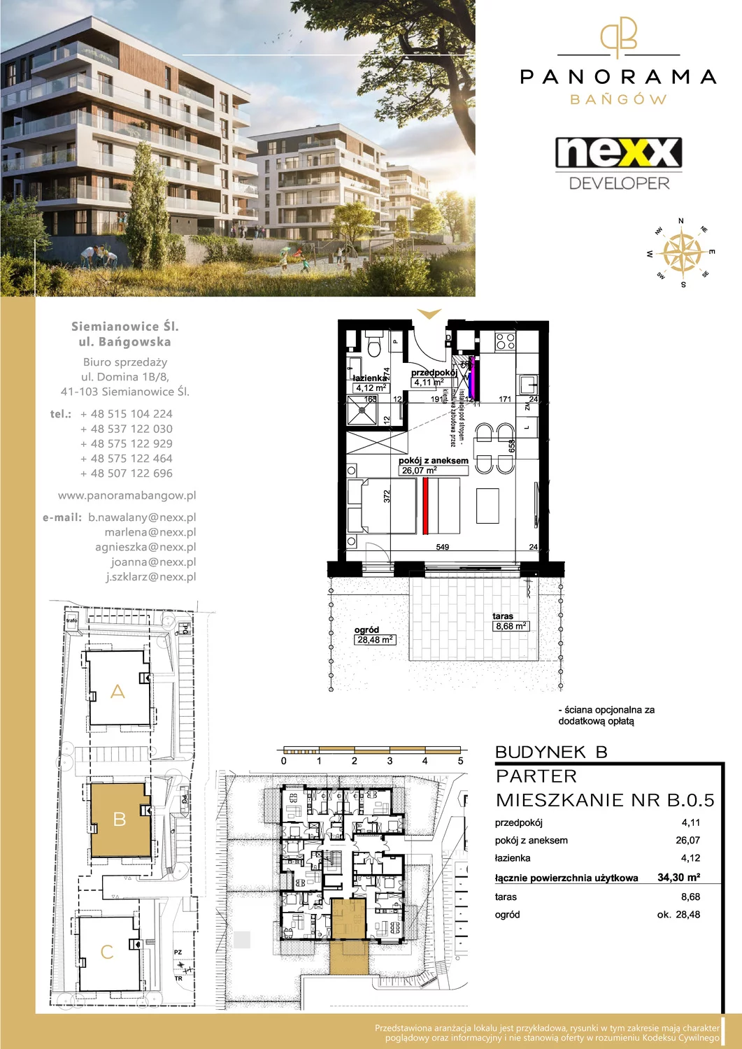 Mieszkanie 34,30 m², parter, oferta nr B 0.5, Panorama Bańgów, Siemianowice Śląskie, Bańgów, ul. Bańgowska