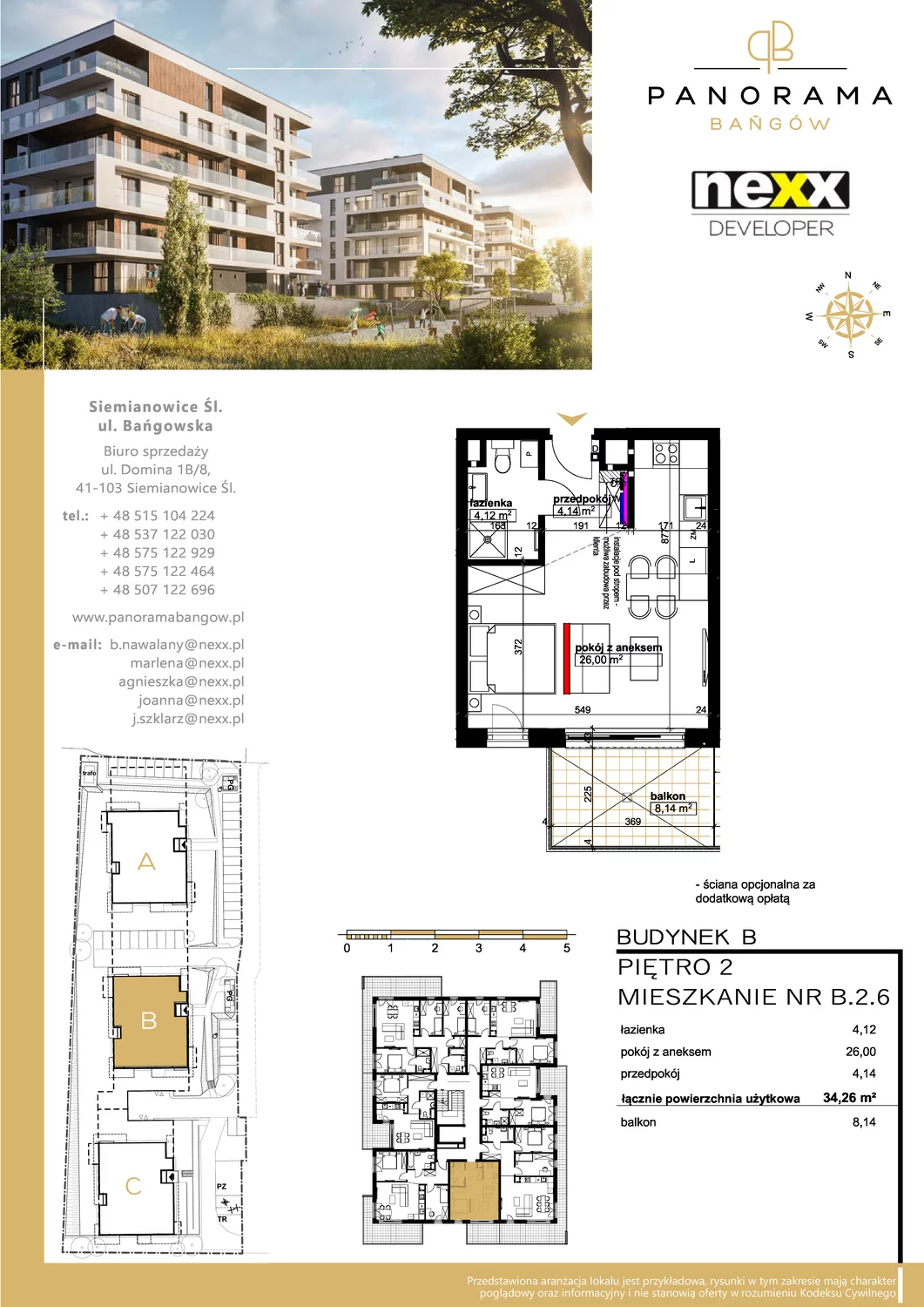 Mieszkanie 34,26 m², piętro 2, oferta nr B 2.6, Panorama Bańgów, Siemianowice Śląskie, Bańgów, ul. Bańgowska
