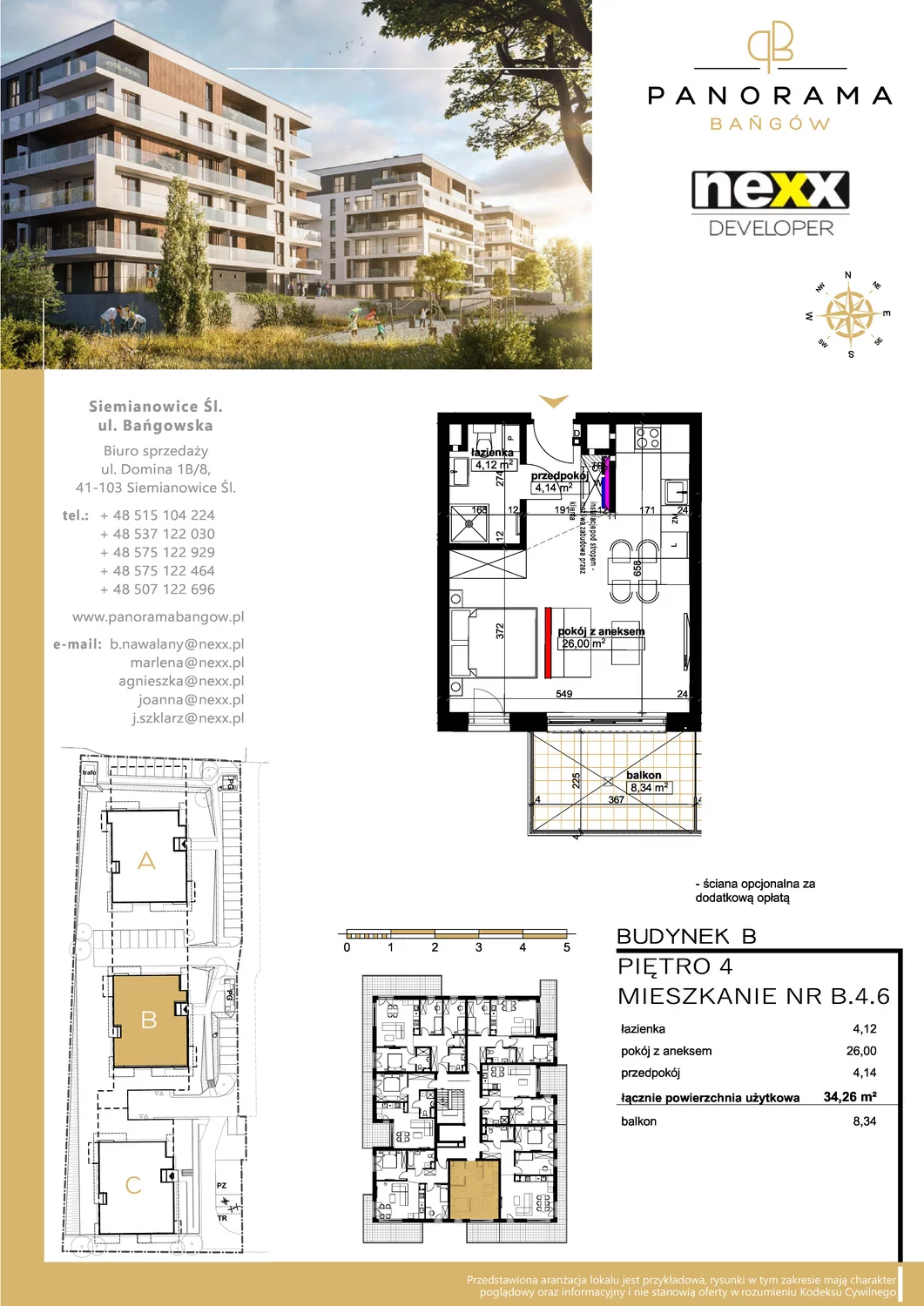Mieszkanie 34,30 m², piętro 4, oferta nr B 4.6, Panorama Bańgów, Siemianowice Śląskie, Bańgów, ul. Bańgowska
