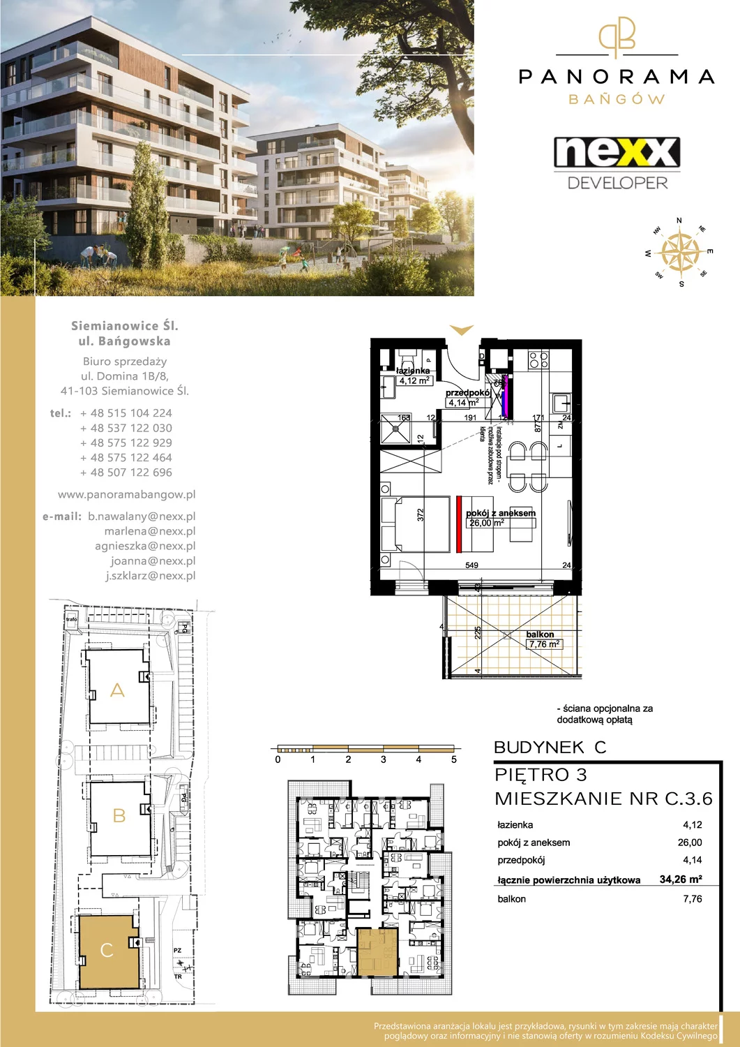 Mieszkanie 34,26 m², piętro 3, oferta nr C 3.6, Panorama Bańgów, Siemianowice Śląskie, Bańgów, ul. Bańgowska