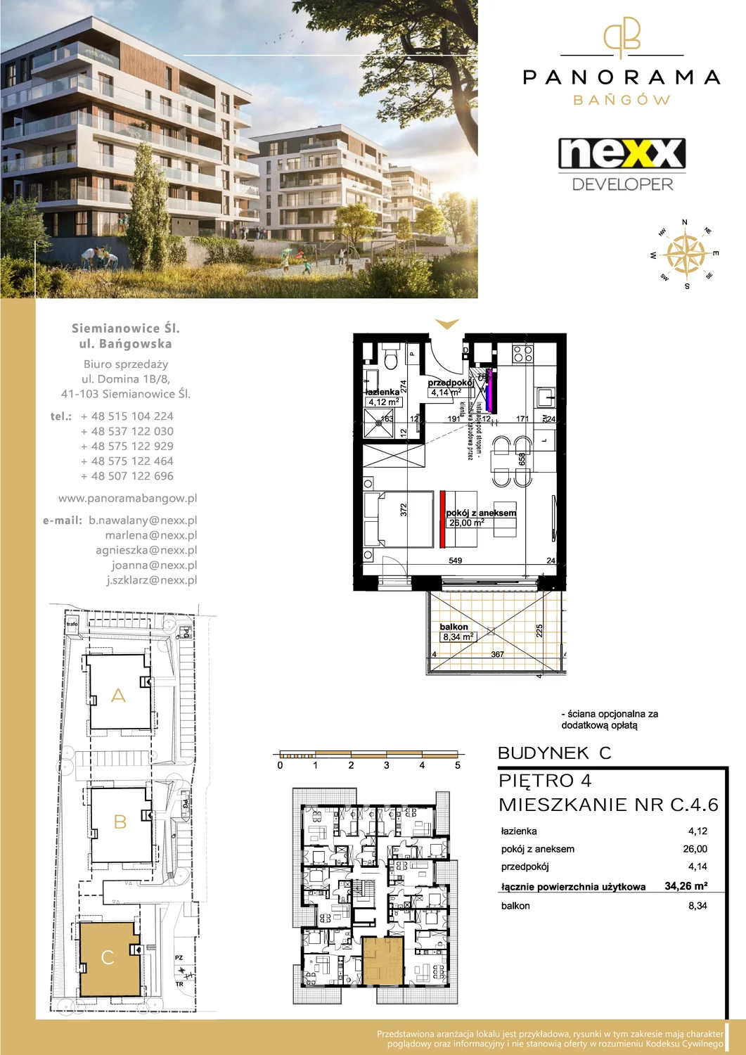 Mieszkanie 34,26 m², piętro 4, oferta nr C 4.6, Panorama Bańgów, Siemianowice Śląskie, Bańgów, ul. Bańgowska