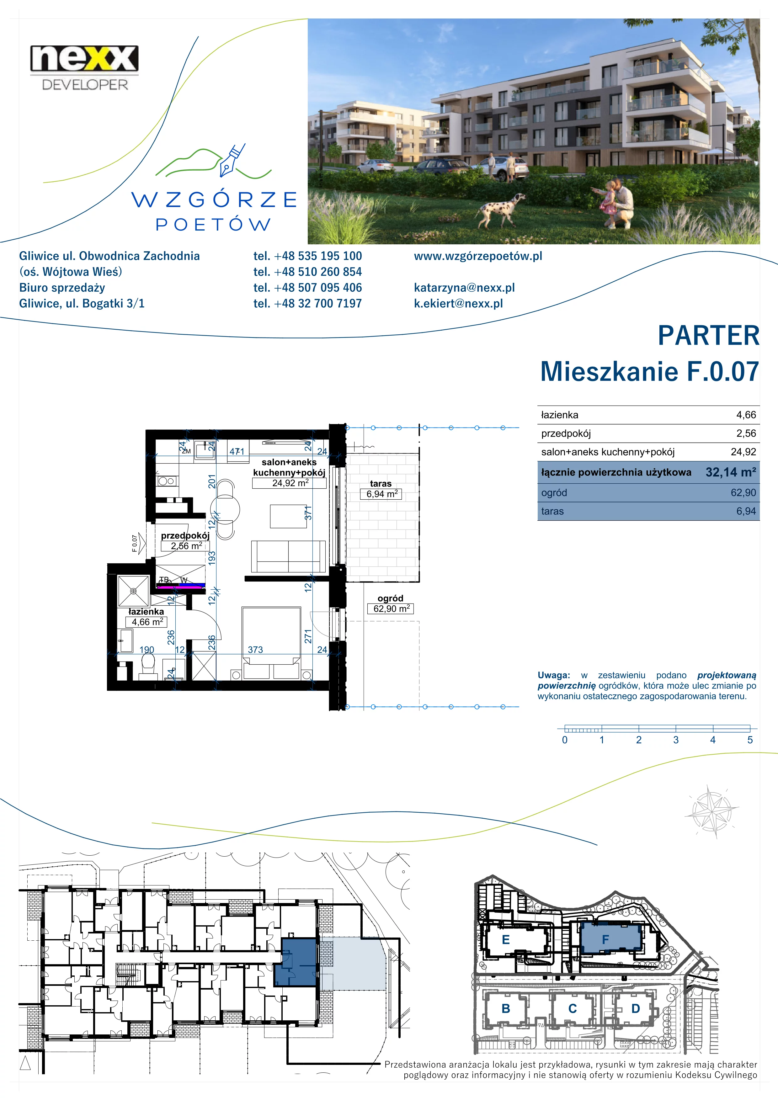 1 pokój, mieszkanie 32,14 m², parter, oferta nr F.0.07, Wzgórze Poetów 2, Gliwice, Wójtowa Wieś, ul. T. Mazowieckiego