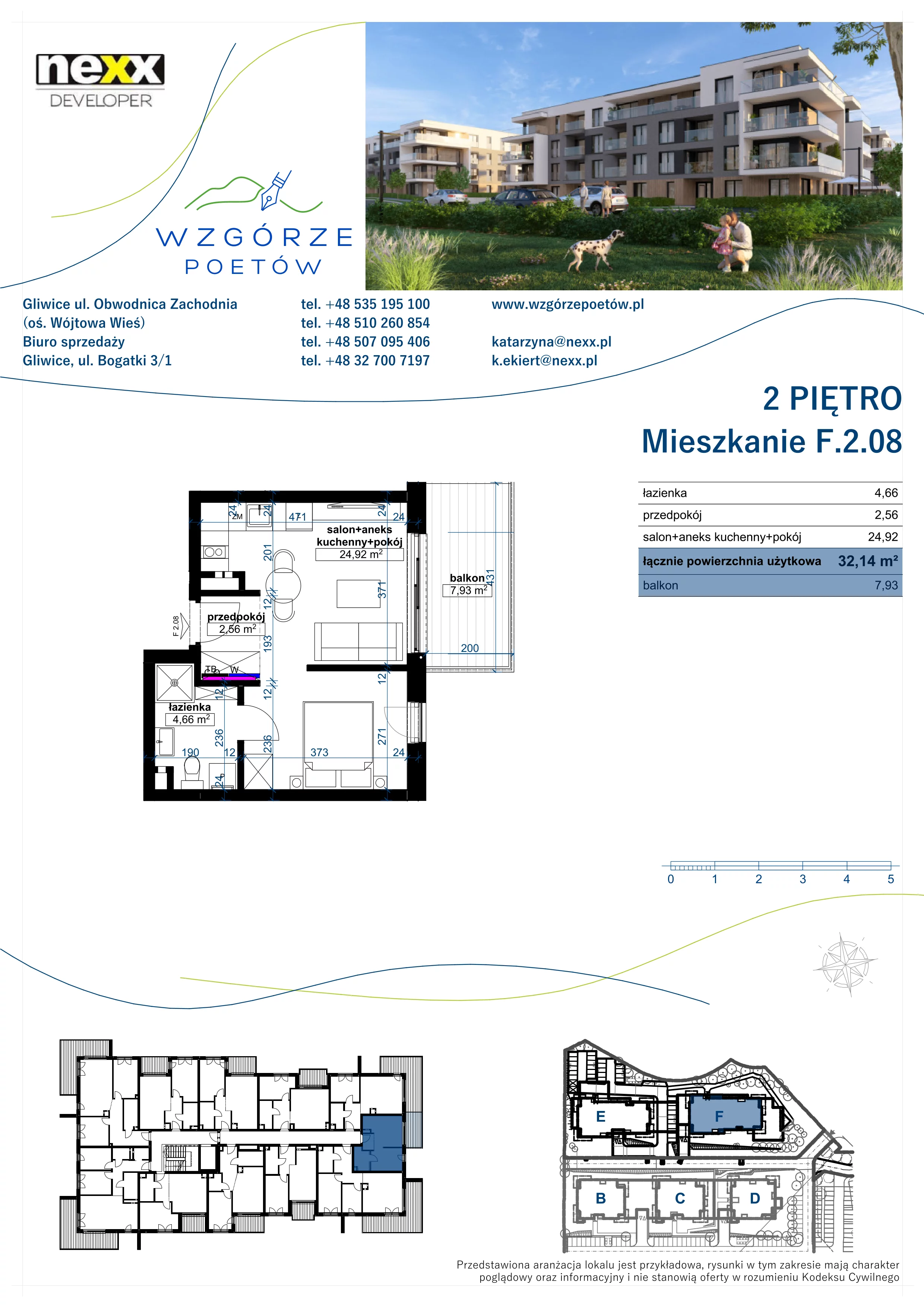 1 pokój, mieszkanie 32,14 m², piętro 2, oferta nr F.2.08, Wzgórze Poetów 2, Gliwice, Wójtowa Wieś, ul. T. Mazowieckiego
