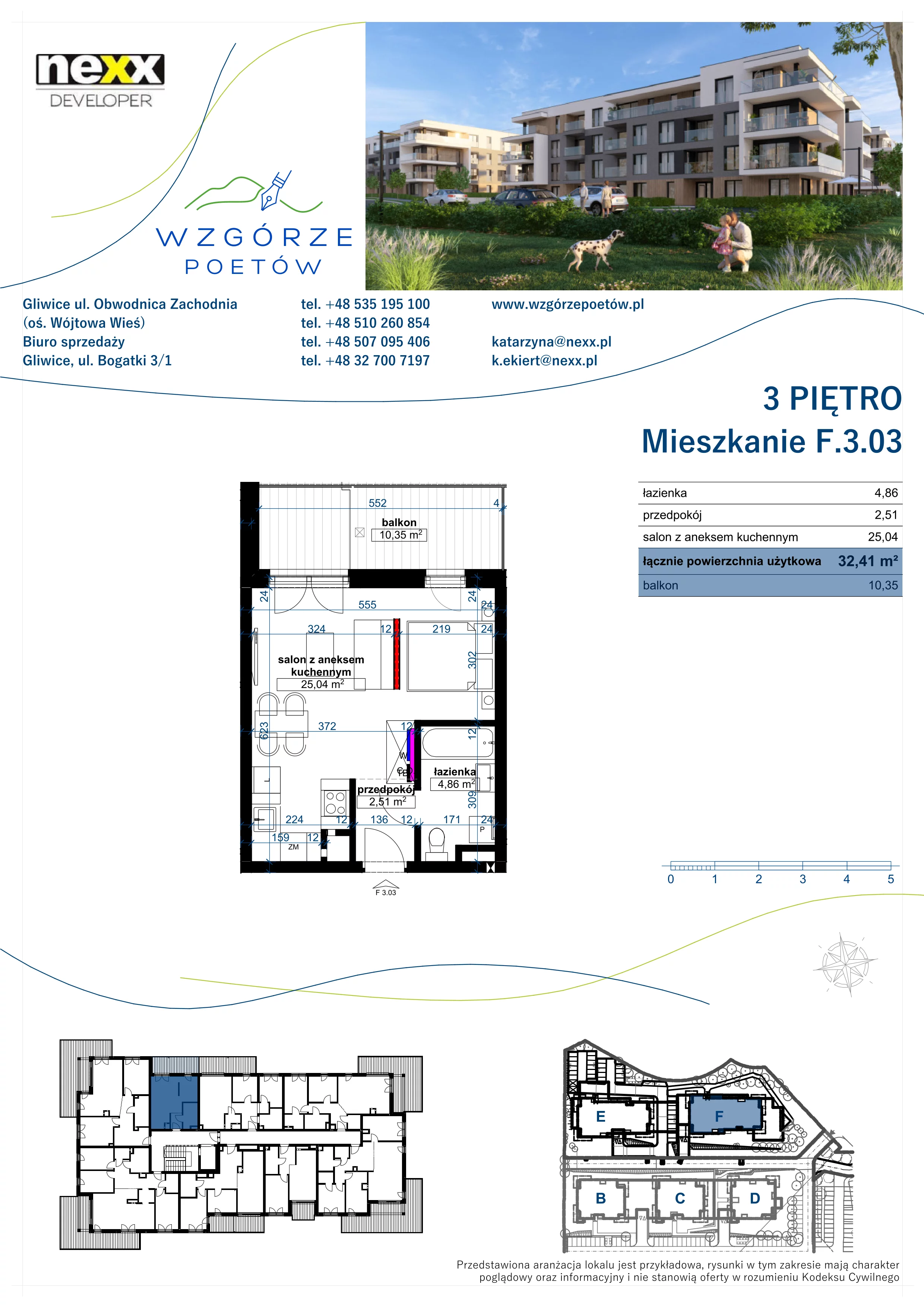 1 pokój, mieszkanie 32,41 m², piętro 3, oferta nr F.3.03, Wzgórze Poetów 2, Gliwice, Wójtowa Wieś, ul. T. Mazowieckiego