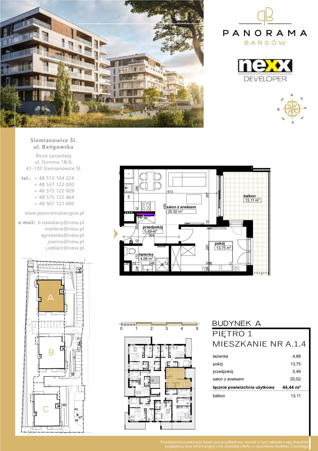 Mieszkanie 44,44 m², piętro 1, oferta nr A 1.4, Panorama Bańgów, Siemianowice Śląskie, Bańgów, ul. Bańgowska