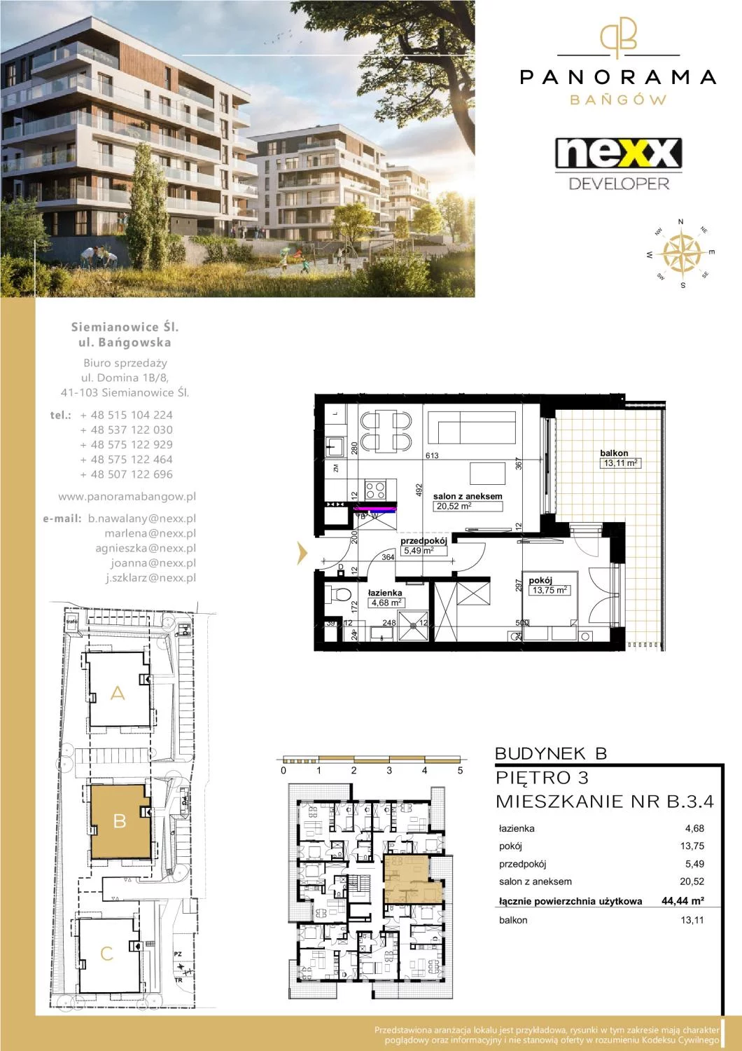 Mieszkanie 44,44 m², piętro 3, oferta nr B 3.4, Panorama Bańgów, Siemianowice Śląskie, Bańgów, ul. Bańgowska