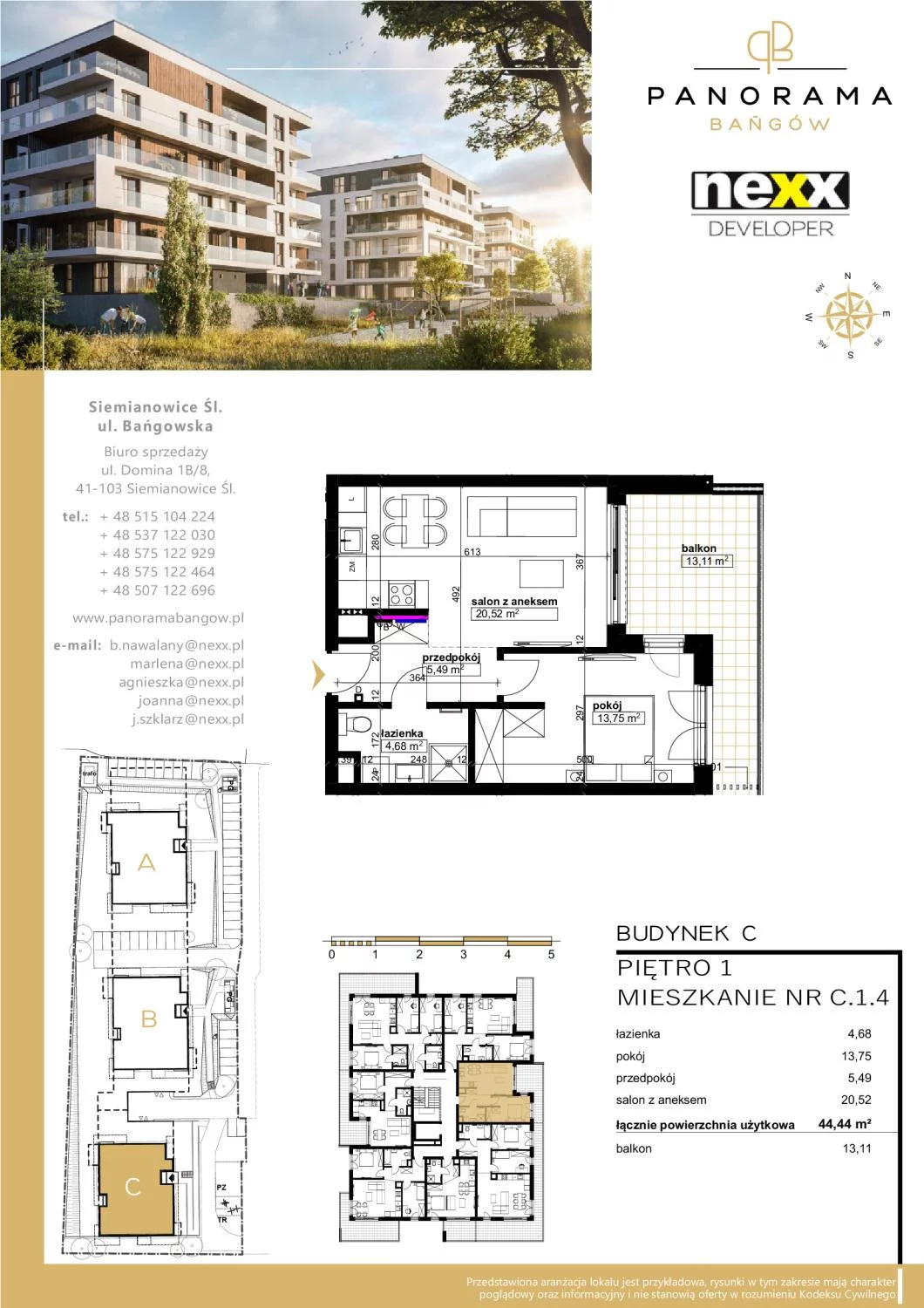 Mieszkanie 44,44 m², piętro 1, oferta nr C 1.4, Panorama Bańgów, Siemianowice Śląskie, Bańgów, ul. Bańgowska