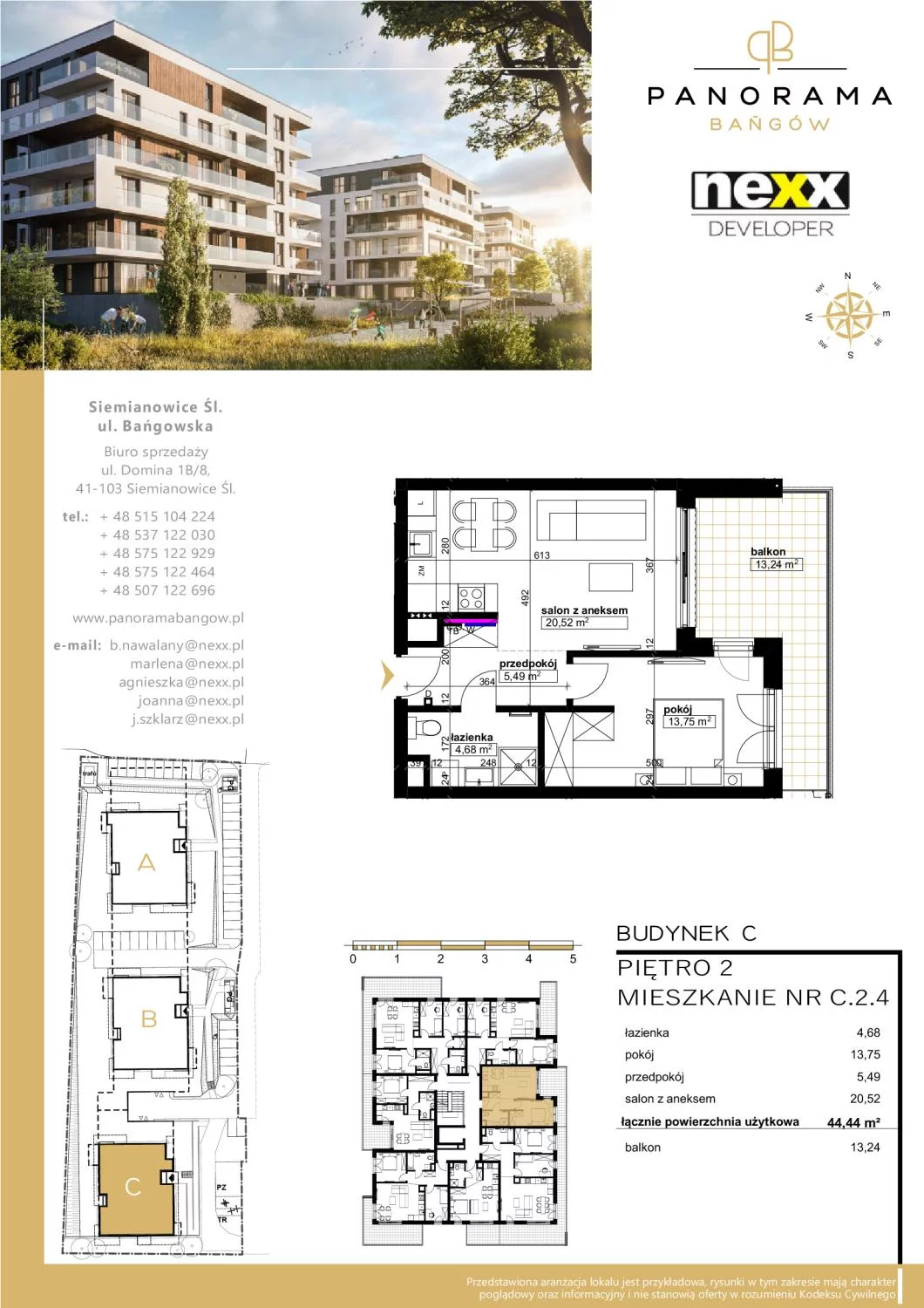 Mieszkanie 44,44 m², piętro 2, oferta nr C 2.4, Panorama Bańgów, Siemianowice Śląskie, Bańgów, ul. Bańgowska
