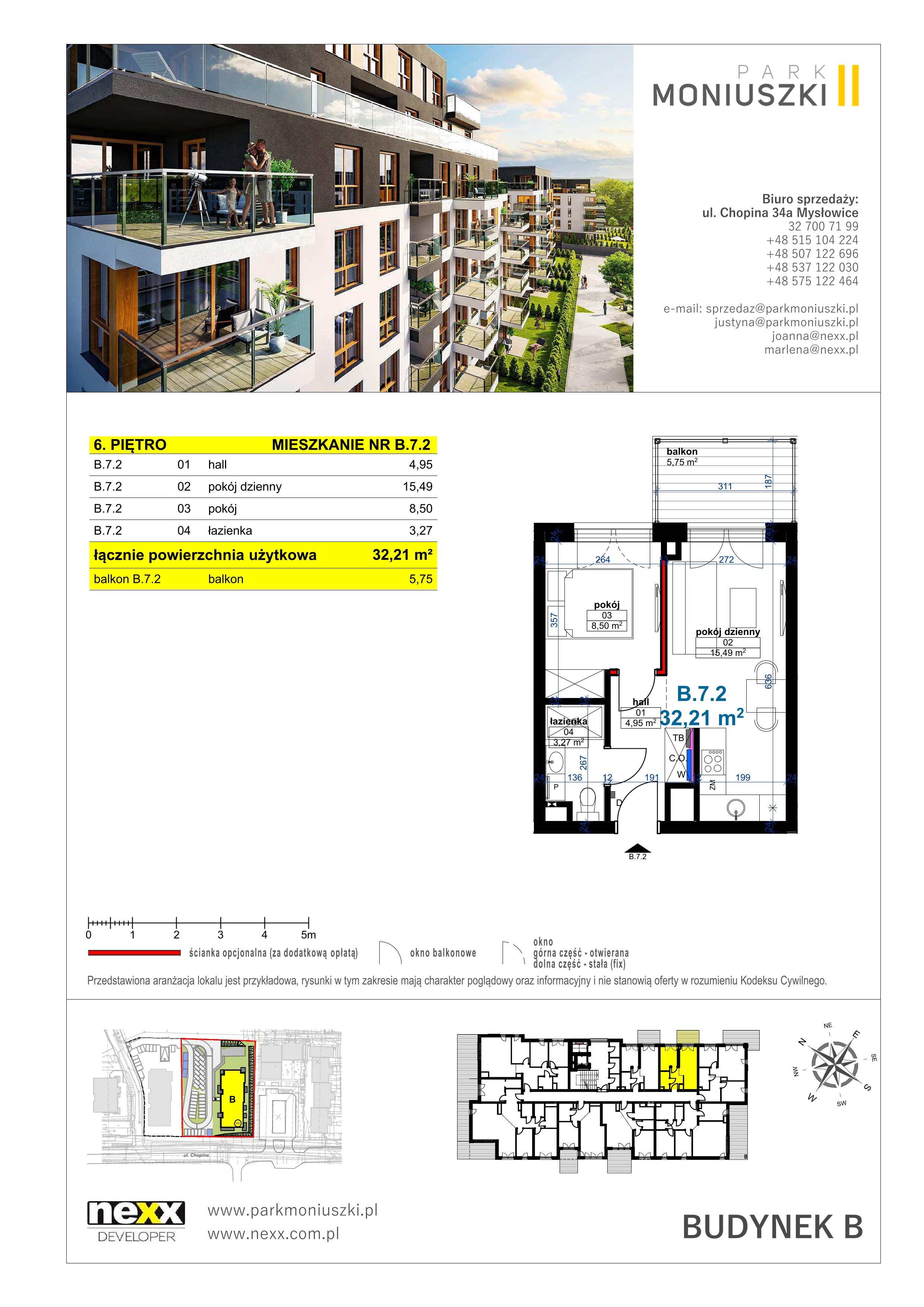2 pokoje, mieszkanie 32,21 m², piętro 6, oferta nr B.7.2, Park Moniuszki II - bud. B, Mysłowice, ul. Moniuszki / Chopina
