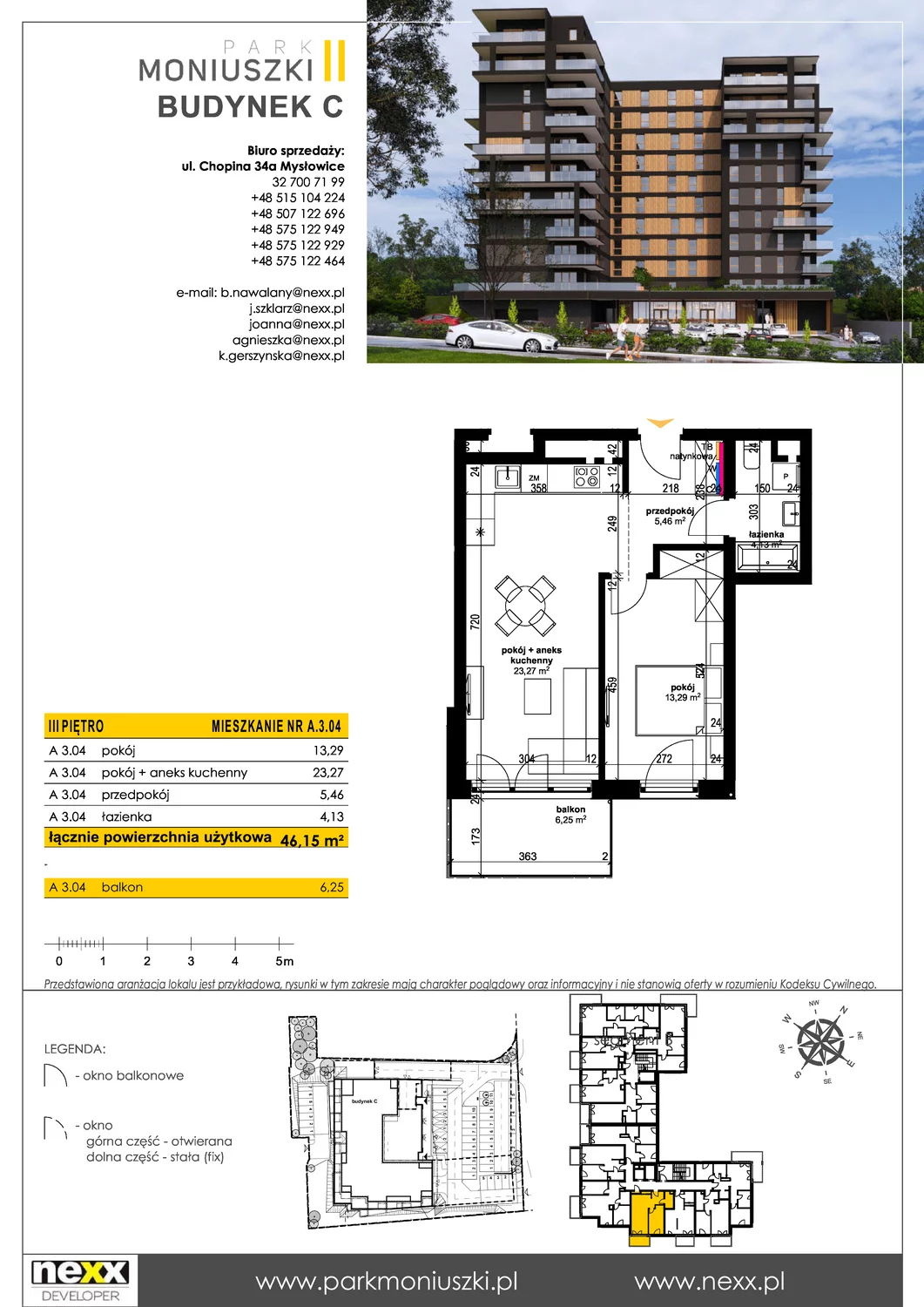 Mieszkanie 46,12 m², piętro 3, oferta nr A 3.04, Osiedle Park Moniuszki, Mysłowice, ul. Okrzei / Wielka Skotnica
