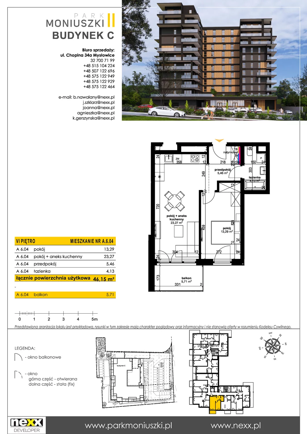 Mieszkanie 46,12 m², piętro 6, oferta nr A 6.04, Osiedle Park Moniuszki, Mysłowice, ul. Okrzei / Wielka Skotnica