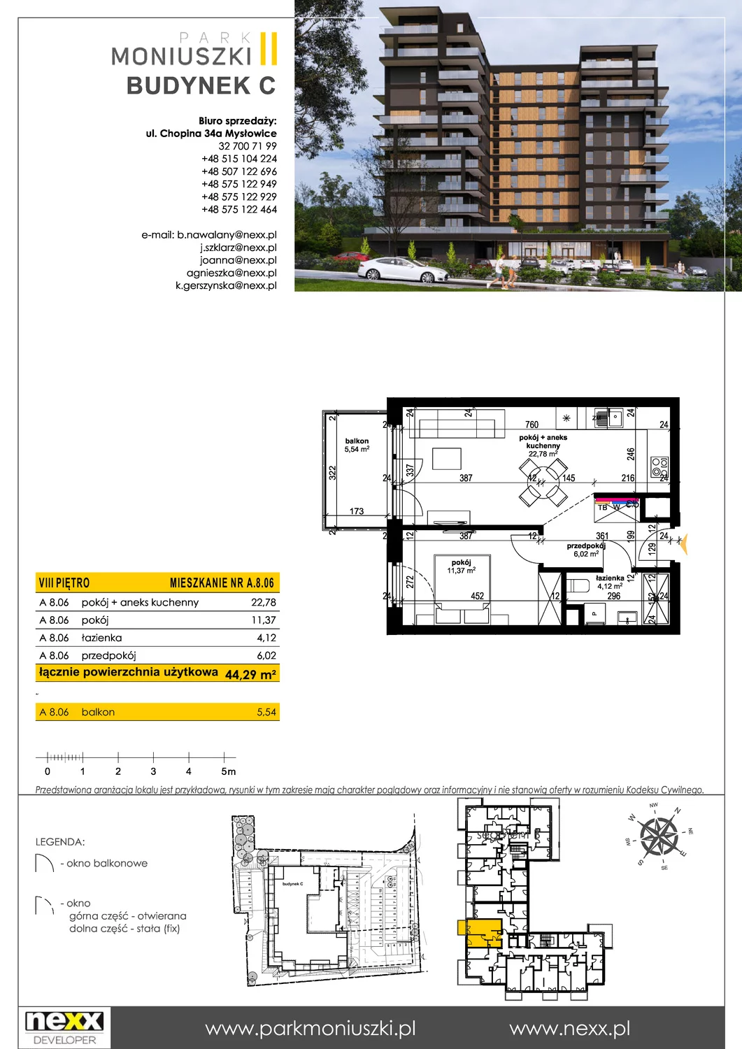 Mieszkanie 44,29 m², piętro 8, oferta nr A 8.06, Osiedle Park Moniuszki, Mysłowice, ul. Okrzei / Wielka Skotnica