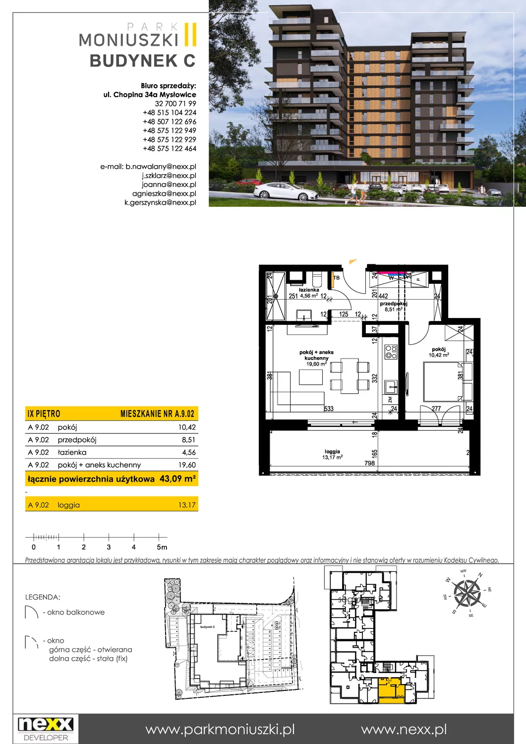 Mieszkanie 42,58 m², piętro 9, oferta nr A 9.02, Osiedle Park Moniuszki, Mysłowice, ul. Okrzei / Wielka Skotnica