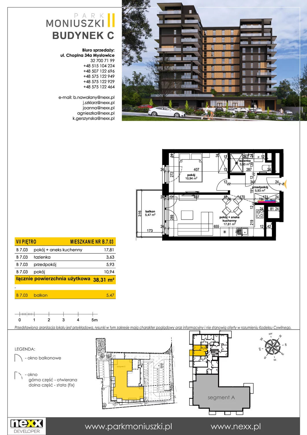 Mieszkanie 38,31 m², piętro 7, oferta nr B 7.03, Osiedle Park Moniuszki, Mysłowice, ul. Okrzei / Wielka Skotnica