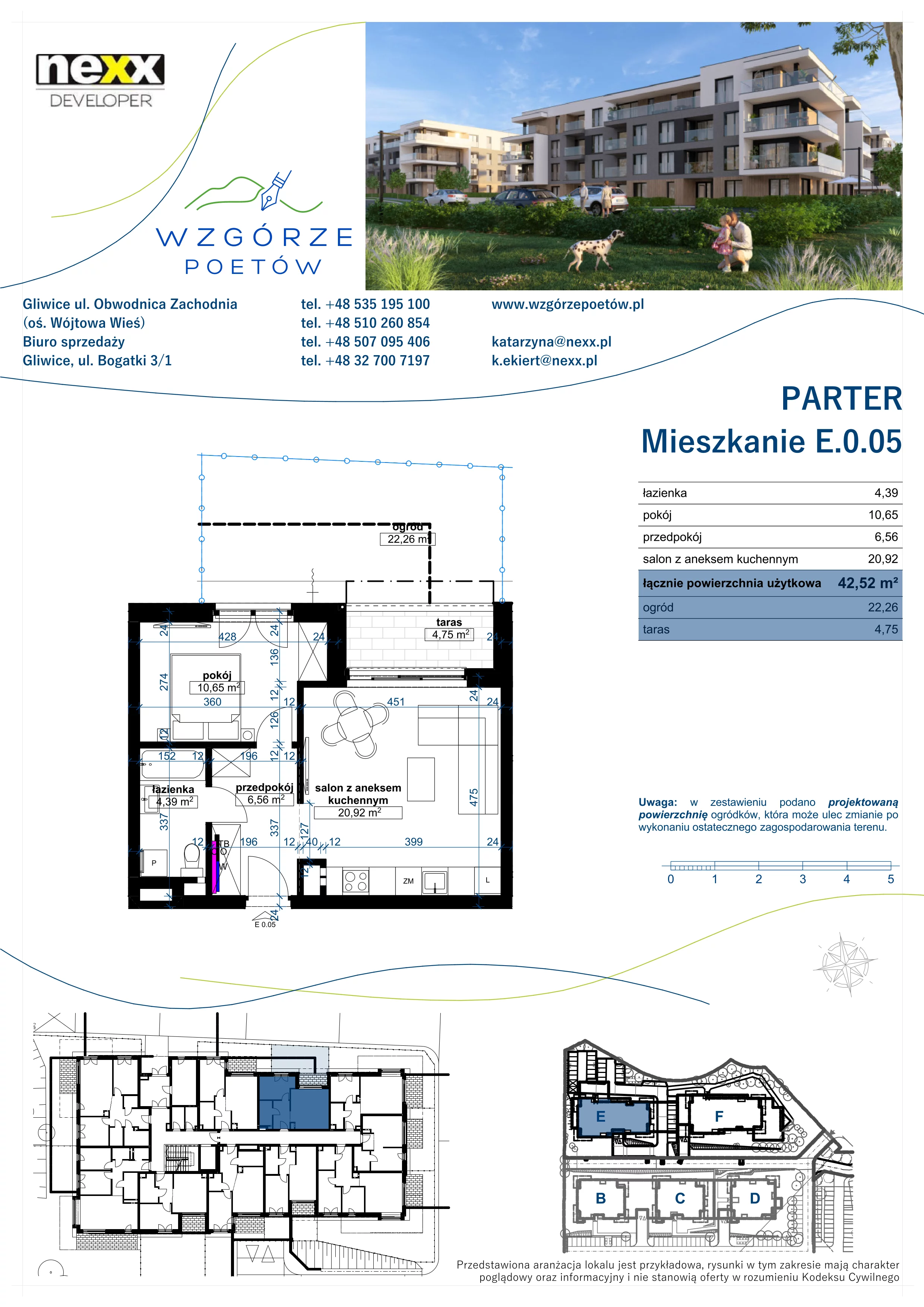 2 pokoje, mieszkanie 42,52 m², parter, oferta nr E.0.05, Wzgórze Poetów 2, Gliwice, Wójtowa Wieś, ul. T. Mazowieckiego
