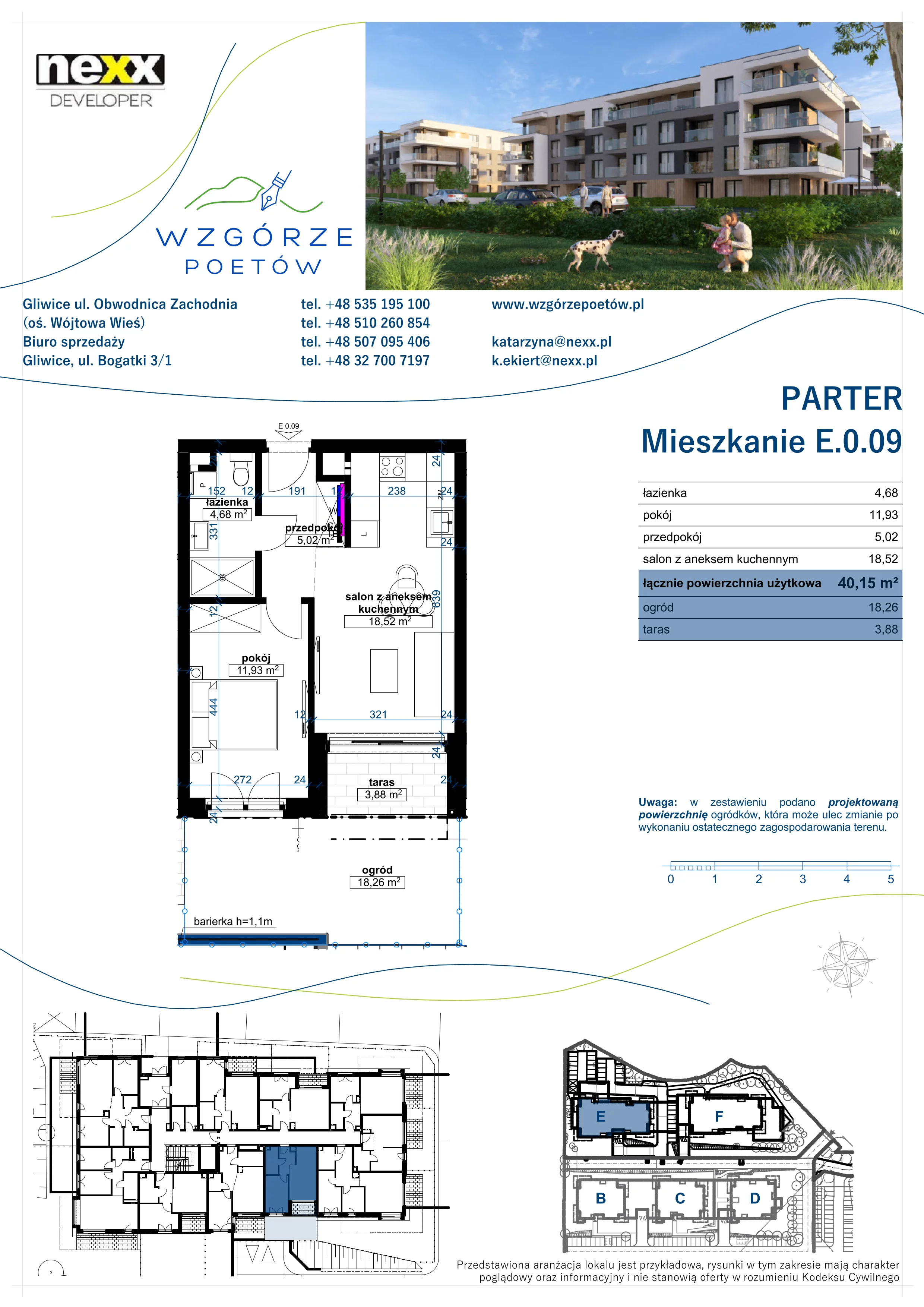 2 pokoje, mieszkanie 40,15 m², parter, oferta nr E.0.09, Wzgórze Poetów 2, Gliwice, Wójtowa Wieś, ul. T. Mazowieckiego