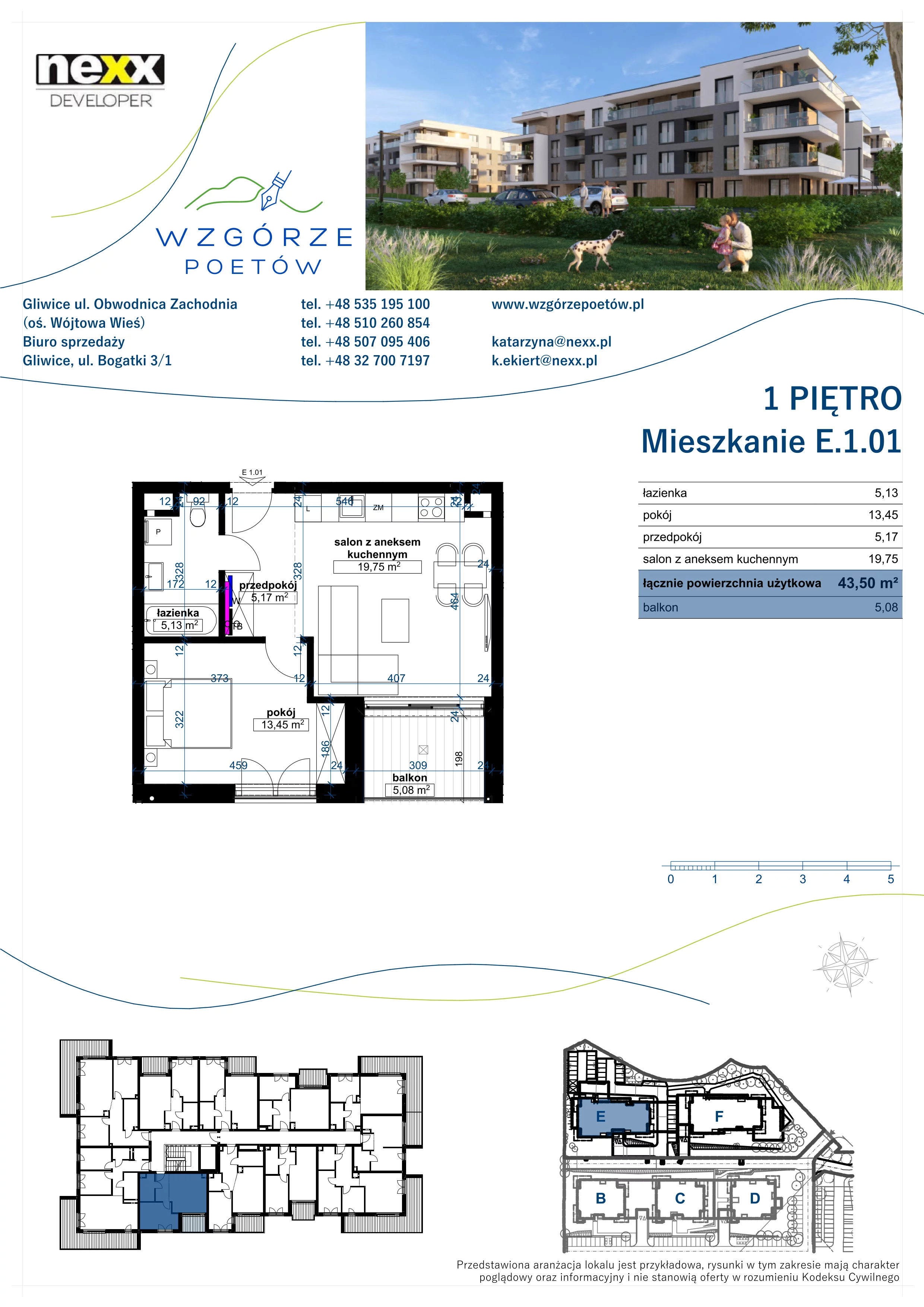 2 pokoje, mieszkanie 43,50 m², piętro 1, oferta nr E.1.01, Wzgórze Poetów 2, Gliwice, Wójtowa Wieś, ul. T. Mazowieckiego