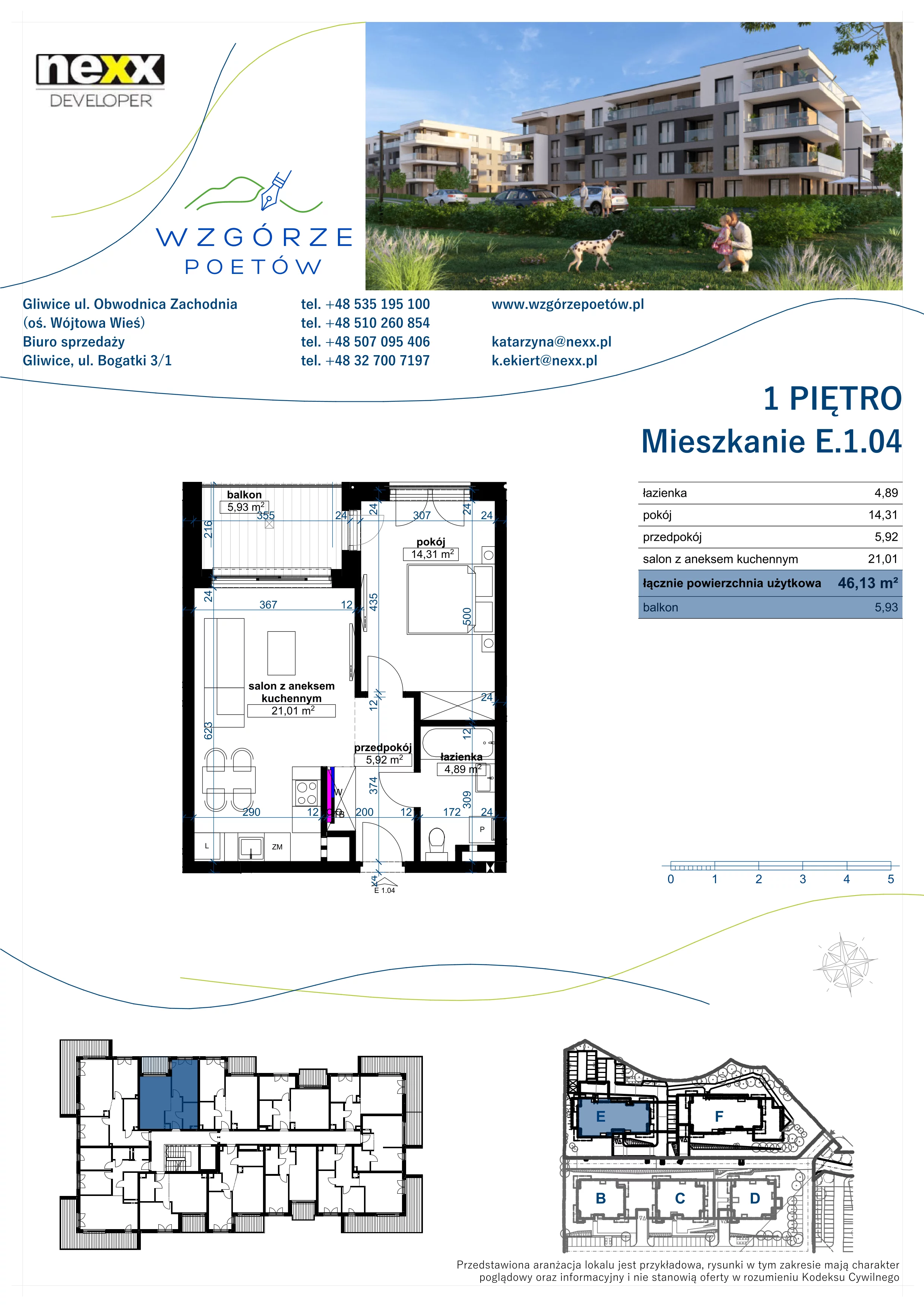 2 pokoje, mieszkanie 46,13 m², piętro 1, oferta nr E.1.04, Wzgórze Poetów 2, Gliwice, Wójtowa Wieś, ul. T. Mazowieckiego