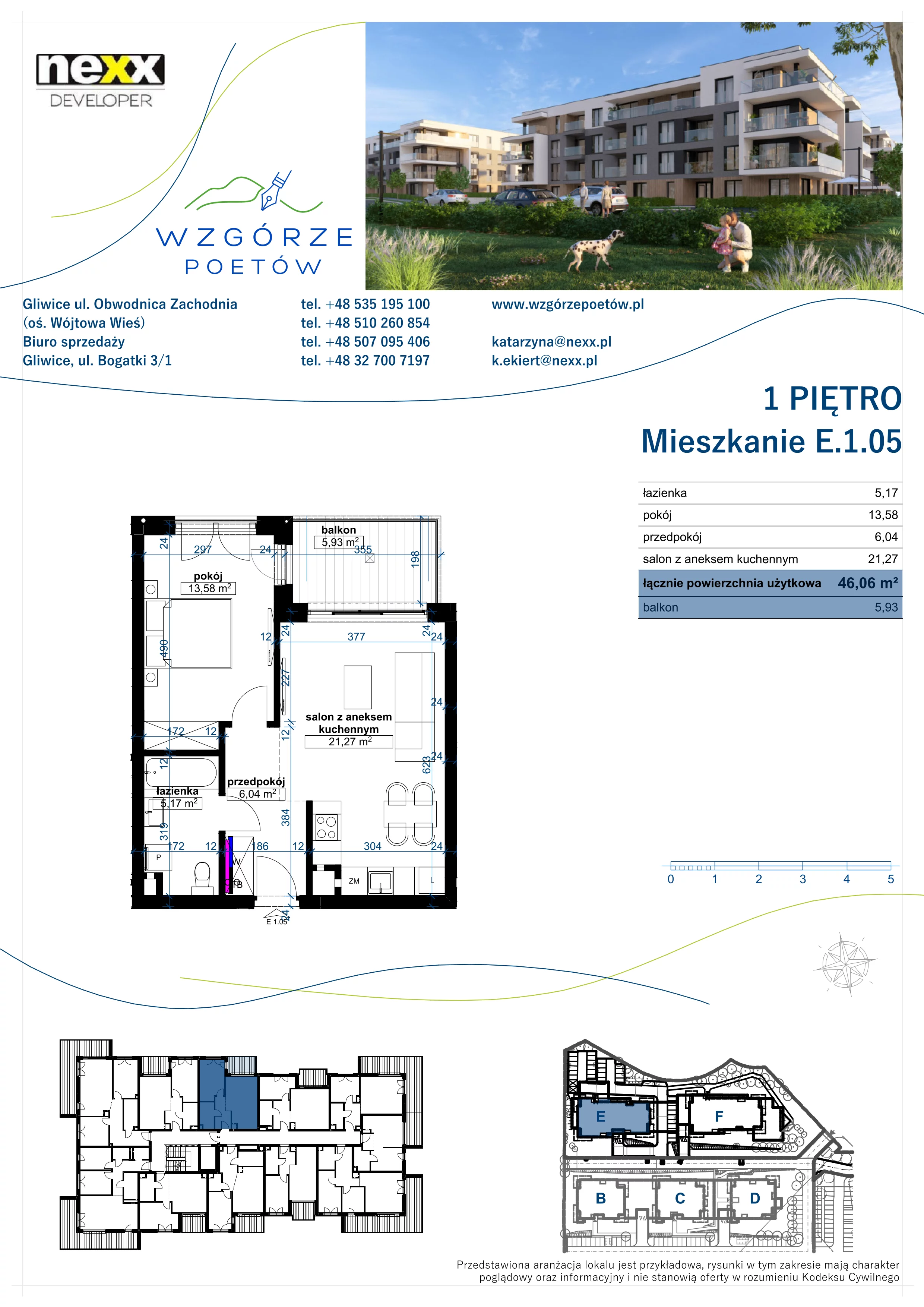 2 pokoje, mieszkanie 46,06 m², piętro 1, oferta nr E.1.05, Wzgórze Poetów 2, Gliwice, Wójtowa Wieś, ul. T. Mazowieckiego