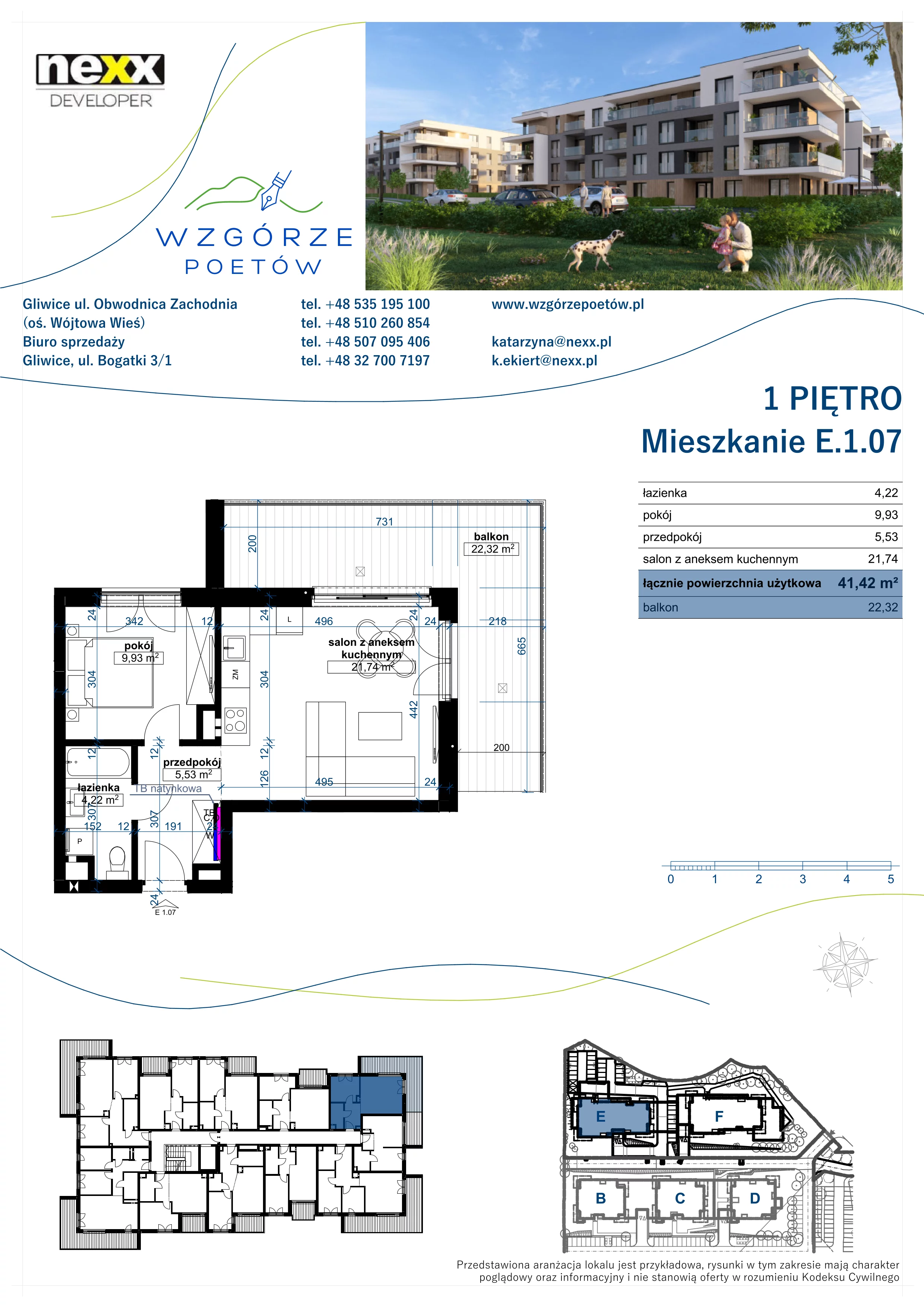 2 pokoje, mieszkanie 41,42 m², piętro 1, oferta nr E.1.07, Wzgórze Poetów 2, Gliwice, Wójtowa Wieś, ul. T. Mazowieckiego