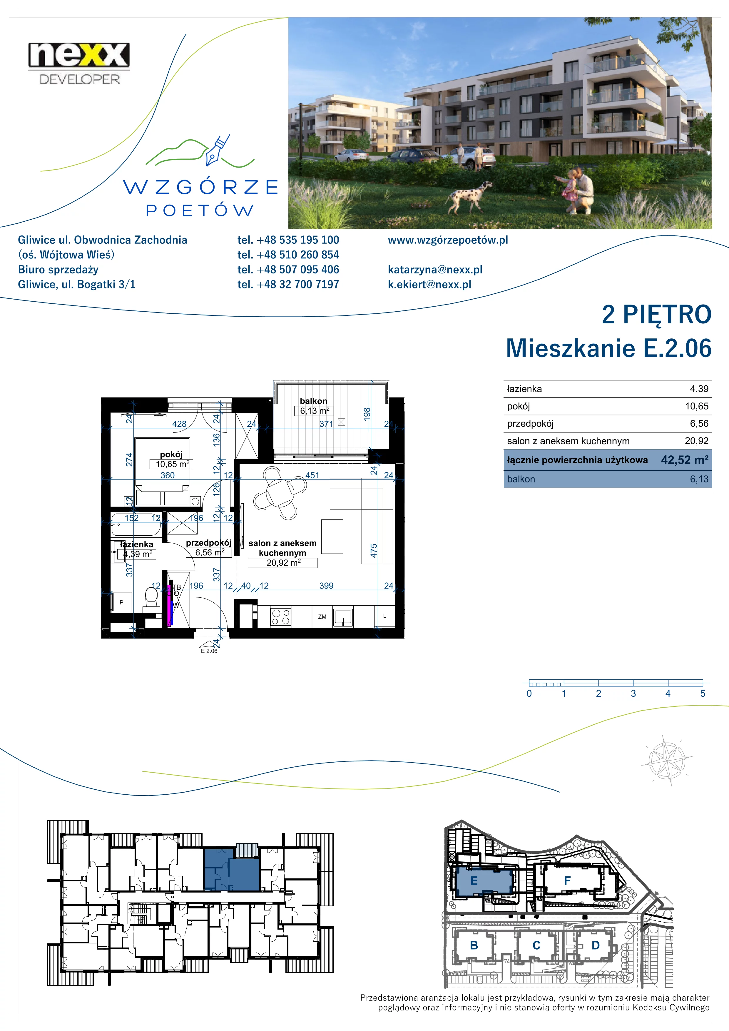 2 pokoje, mieszkanie 42,52 m², piętro 2, oferta nr E.2.06, Wzgórze Poetów 2, Gliwice, Wójtowa Wieś, ul. T. Mazowieckiego