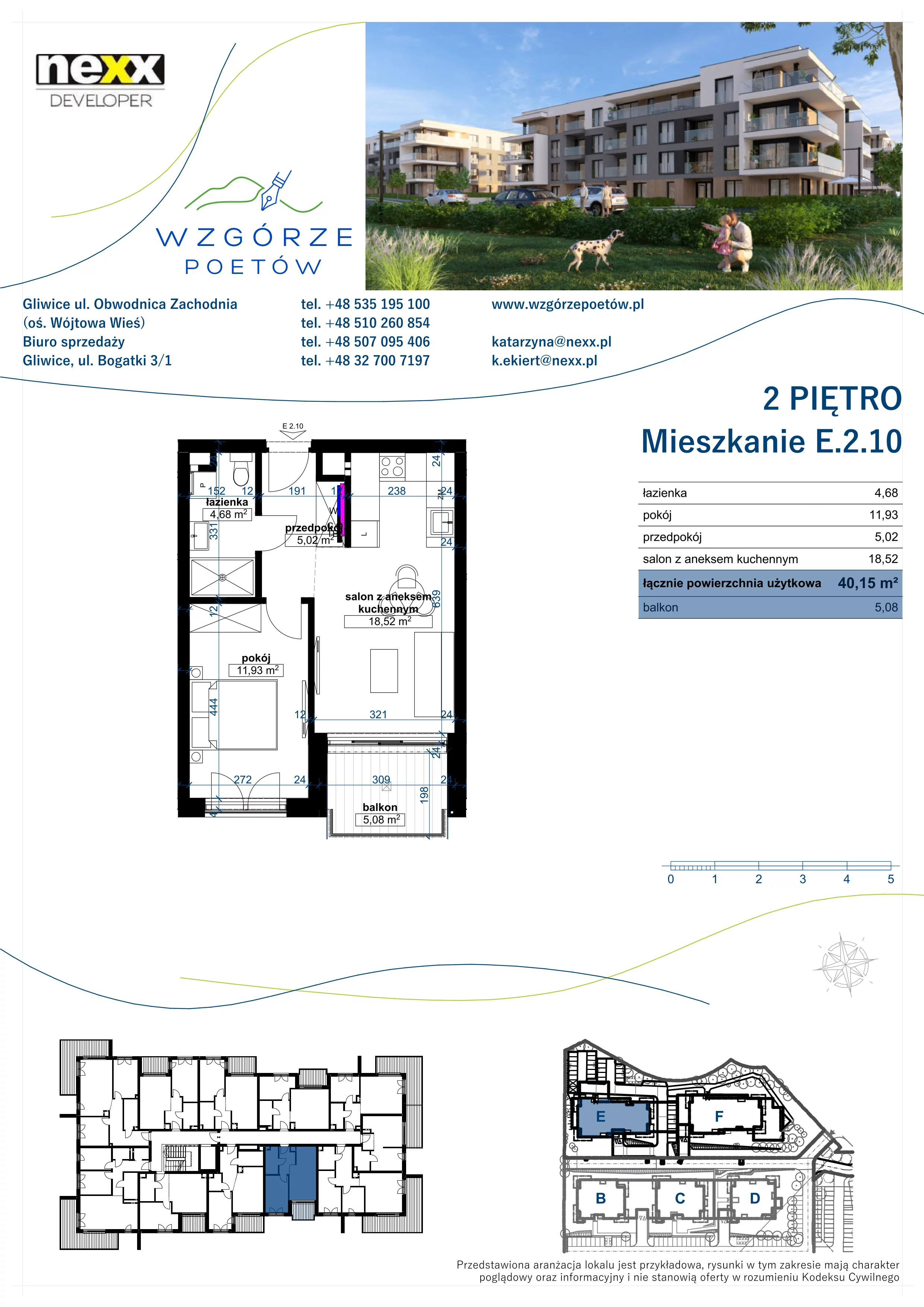 2 pokoje, mieszkanie 40,15 m², piętro 2, oferta nr E.2.10, Wzgórze Poetów 2, Gliwice, Wójtowa Wieś, ul. T. Mazowieckiego