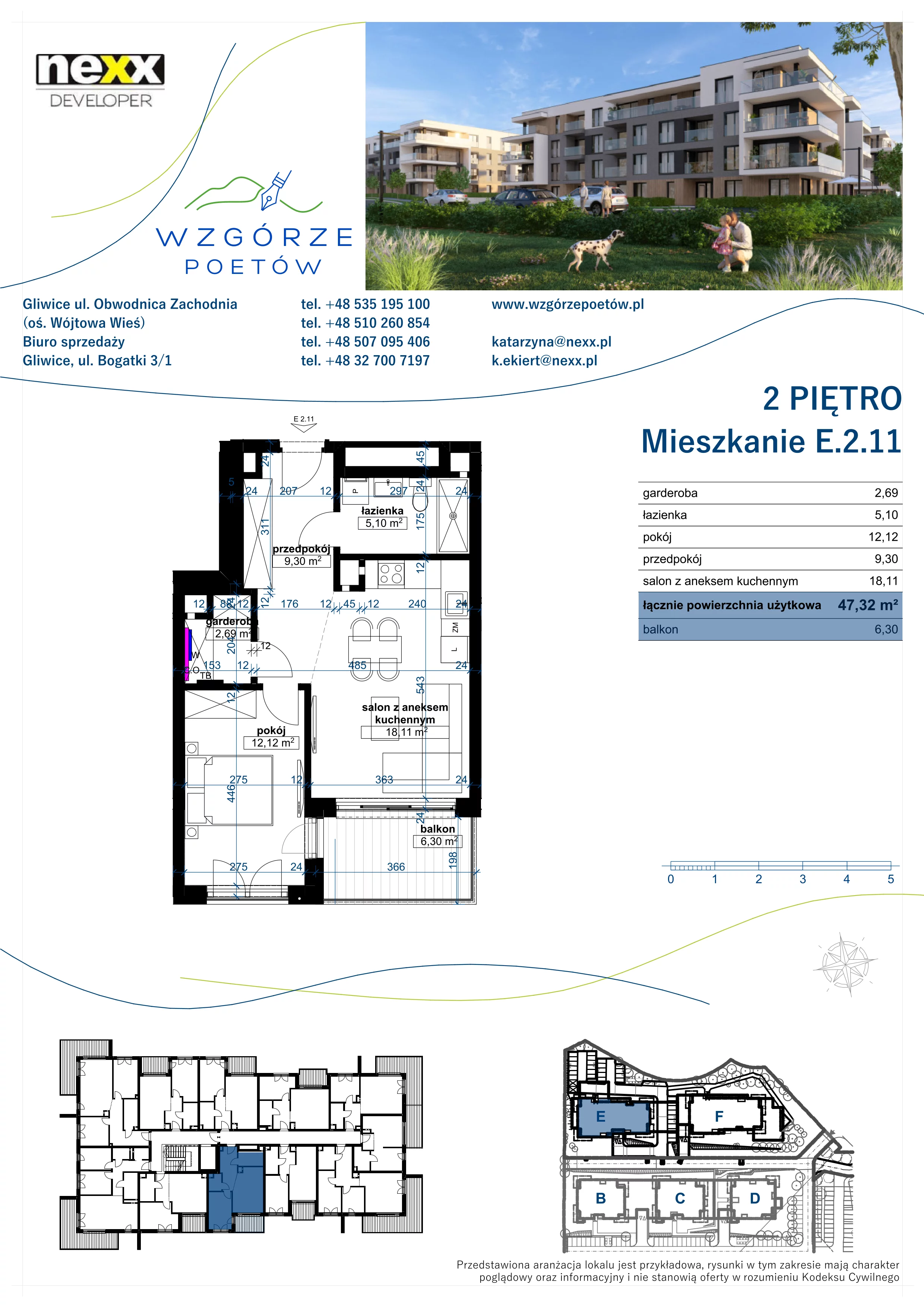 2 pokoje, mieszkanie 47,32 m², piętro 2, oferta nr E.2.11, Wzgórze Poetów 2, Gliwice, Wójtowa Wieś, ul. T. Mazowieckiego