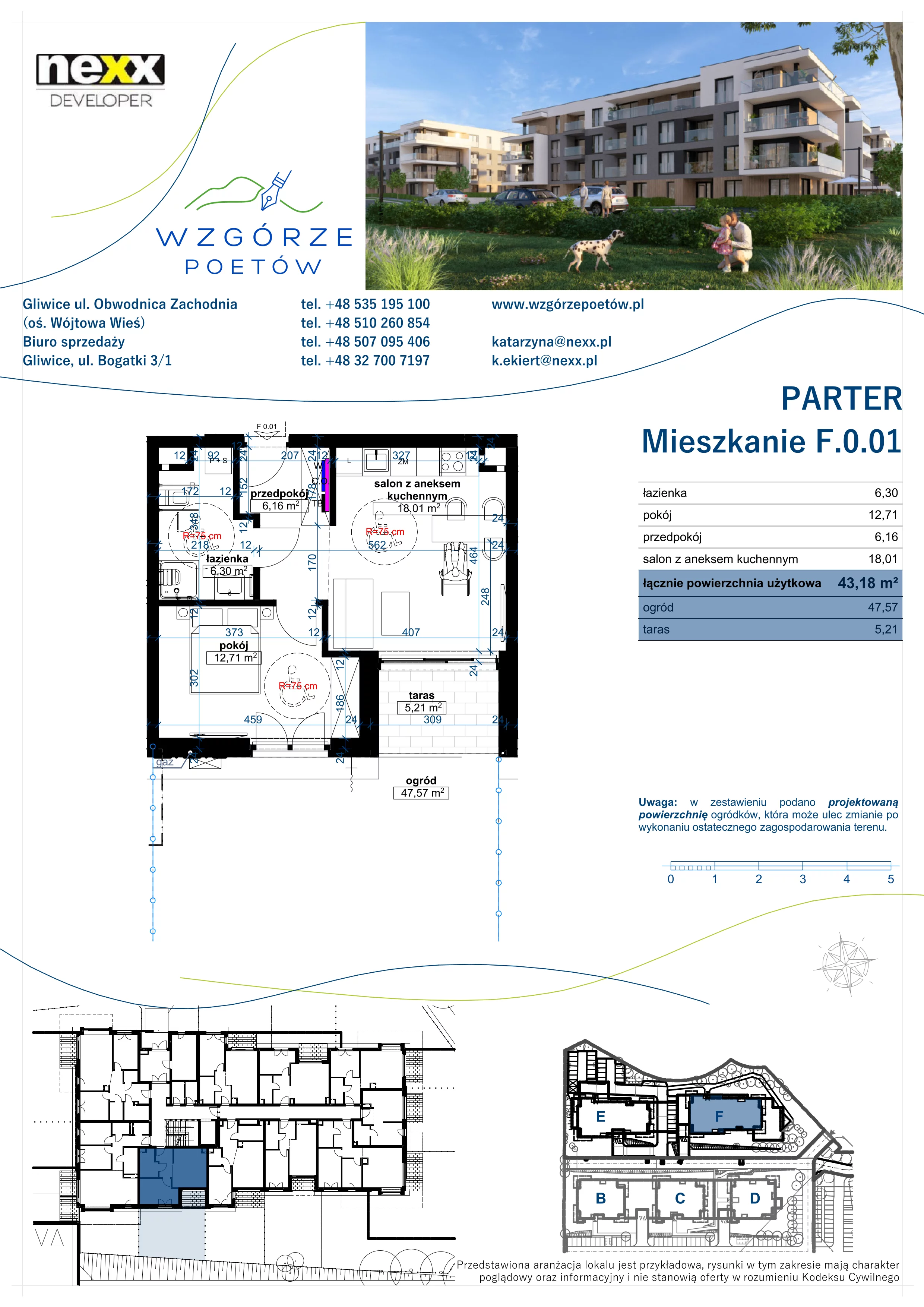 2 pokoje, mieszkanie 43,18 m², parter, oferta nr F.0.01, Wzgórze Poetów 2, Gliwice, Wójtowa Wieś, ul. T. Mazowieckiego