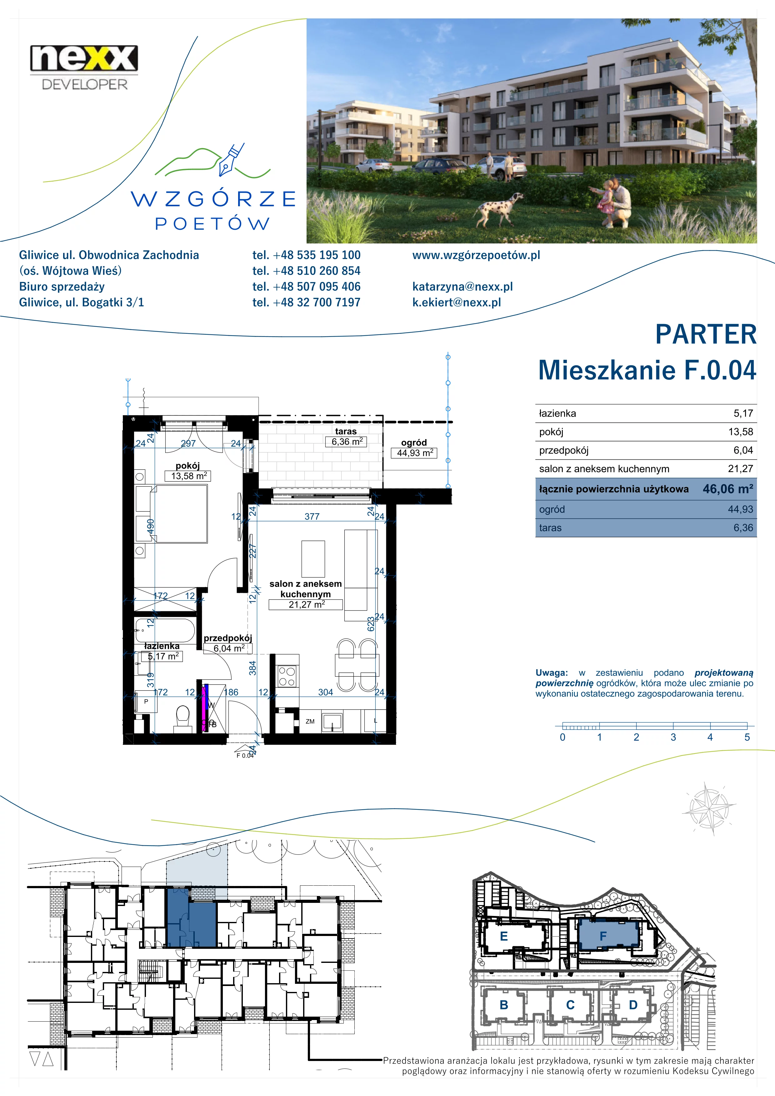 2 pokoje, mieszkanie 46,06 m², parter, oferta nr F.0.04, Wzgórze Poetów 2, Gliwice, Wójtowa Wieś, ul. T. Mazowieckiego