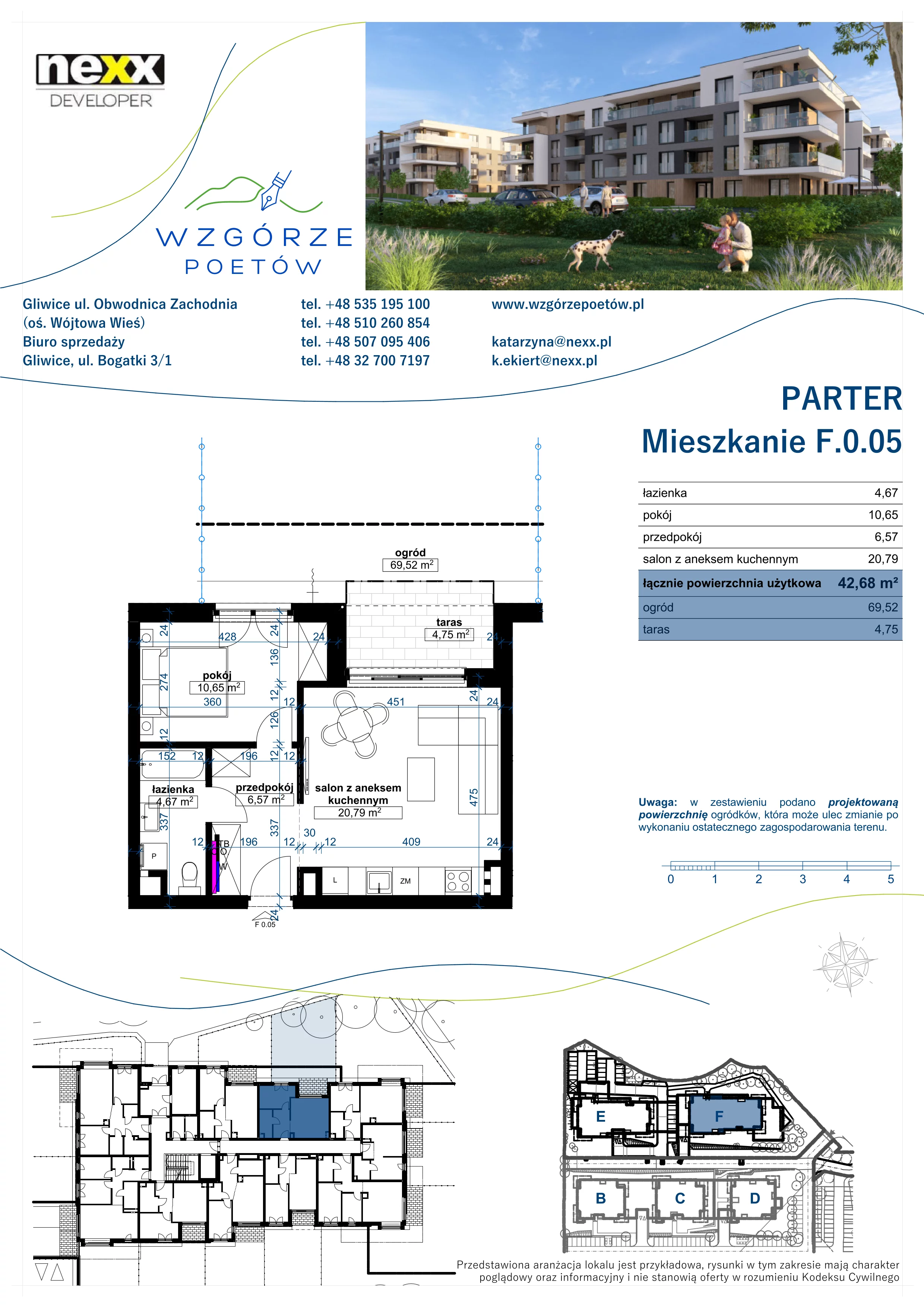 2 pokoje, mieszkanie 42,68 m², parter, oferta nr F.0.05, Wzgórze Poetów 2, Gliwice, Wójtowa Wieś, ul. T. Mazowieckiego
