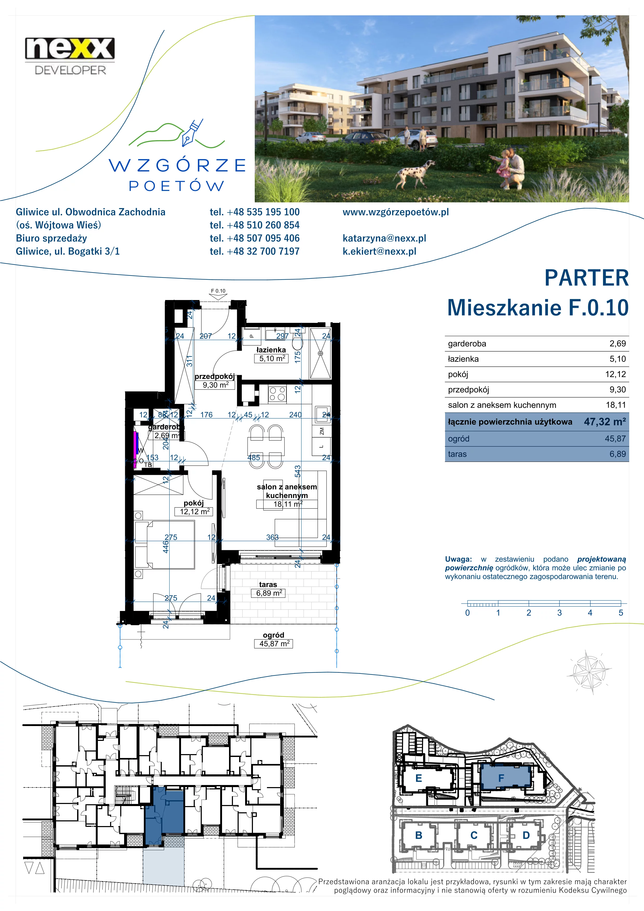 2 pokoje, mieszkanie 47,32 m², parter, oferta nr F.0.10, Wzgórze Poetów 2, Gliwice, Wójtowa Wieś, ul. T. Mazowieckiego